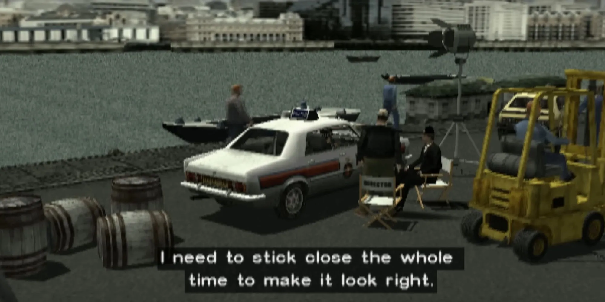 Cảnh rượt đuổi trong game Stuntman trên PS2, nơi người chơi thực hiện các pha nguy hiểm
