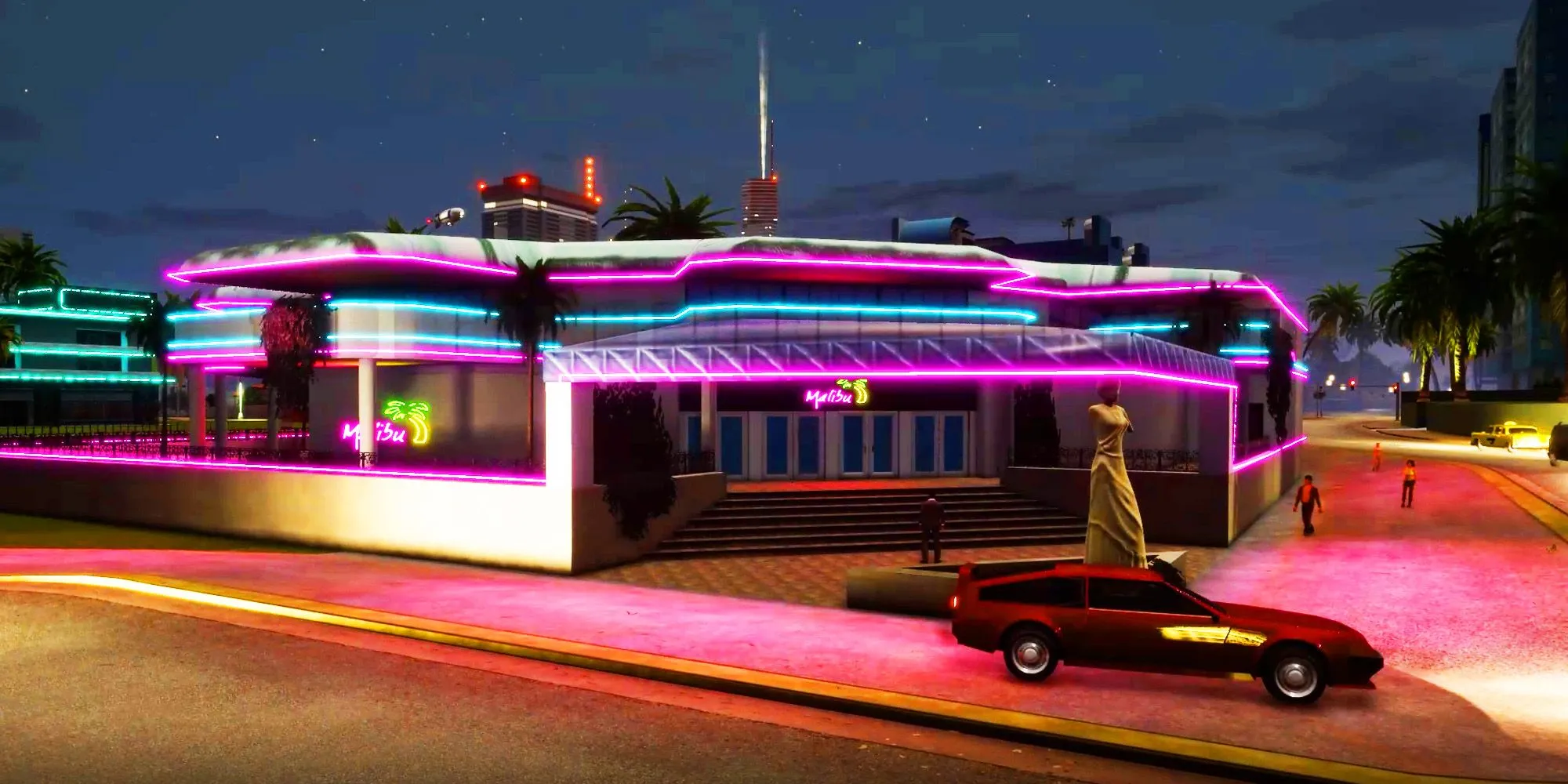 Câu lạc bộ Malibu Club nổi tiếng ở Vice City trong GTA với kiến trúc độc đáo và ánh đèn neon