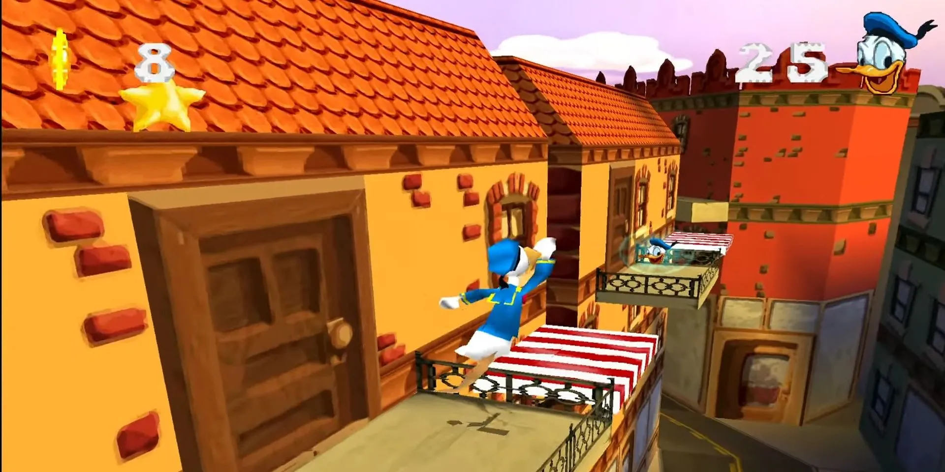 Chú vịt Donald nhảy trên mái nhà trong game platformer Donald Duck: Goin' Quackers đầy màu sắc