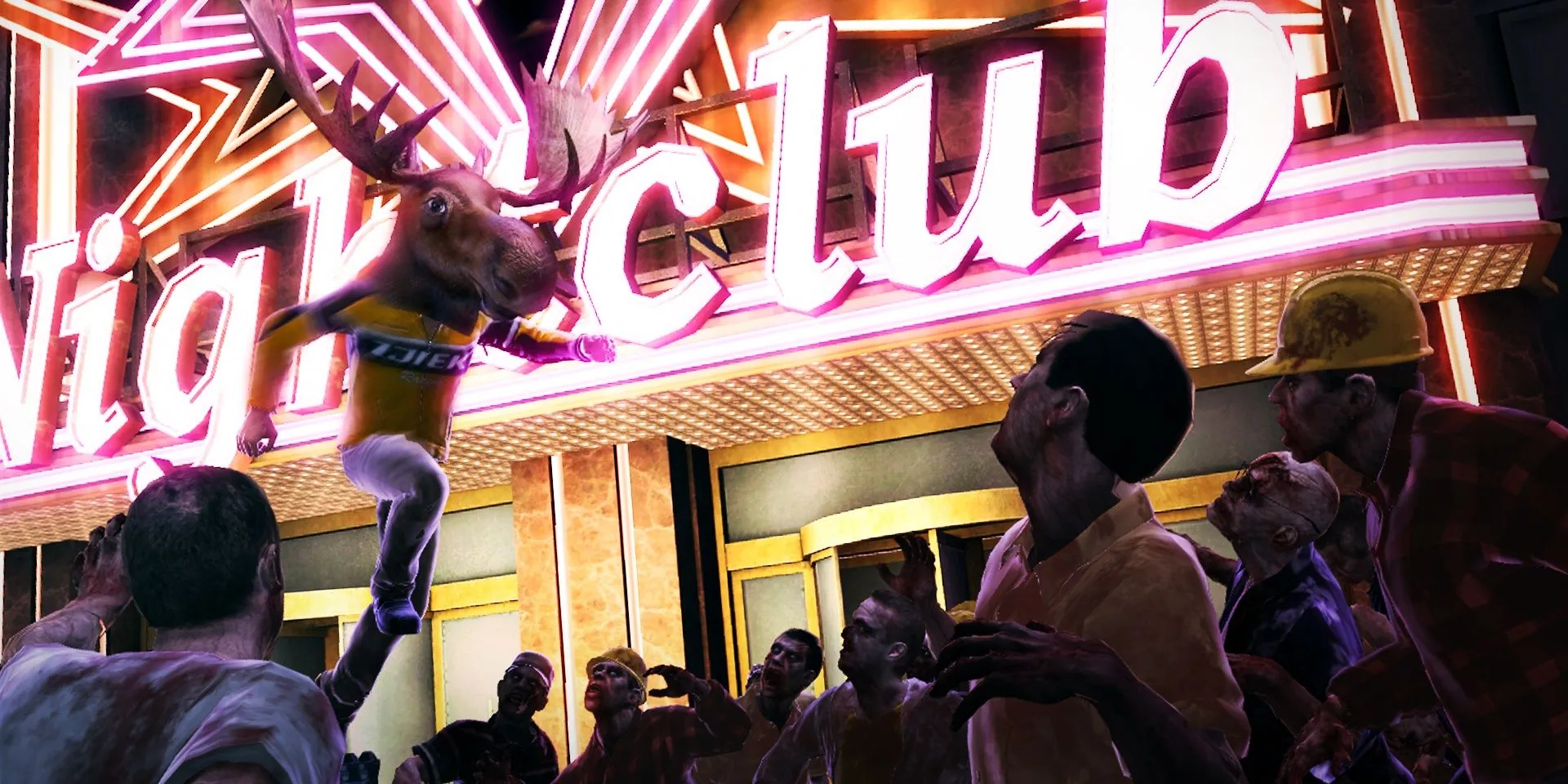 Chuck đội đầu nai sừng tấm lao vào đám đông zombie trong Dead Rising 2 - một game hành động hài hước với vũ khí tự chế độc đáo
