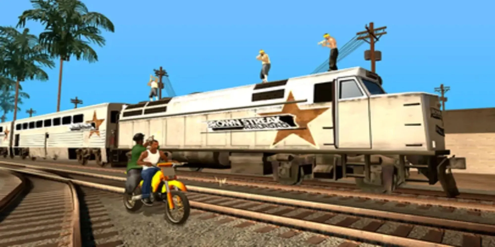 CJ và Big Smoke trong nhiệm vụ Wrong Side of the Tracks của GTA San Andreas trên PS2