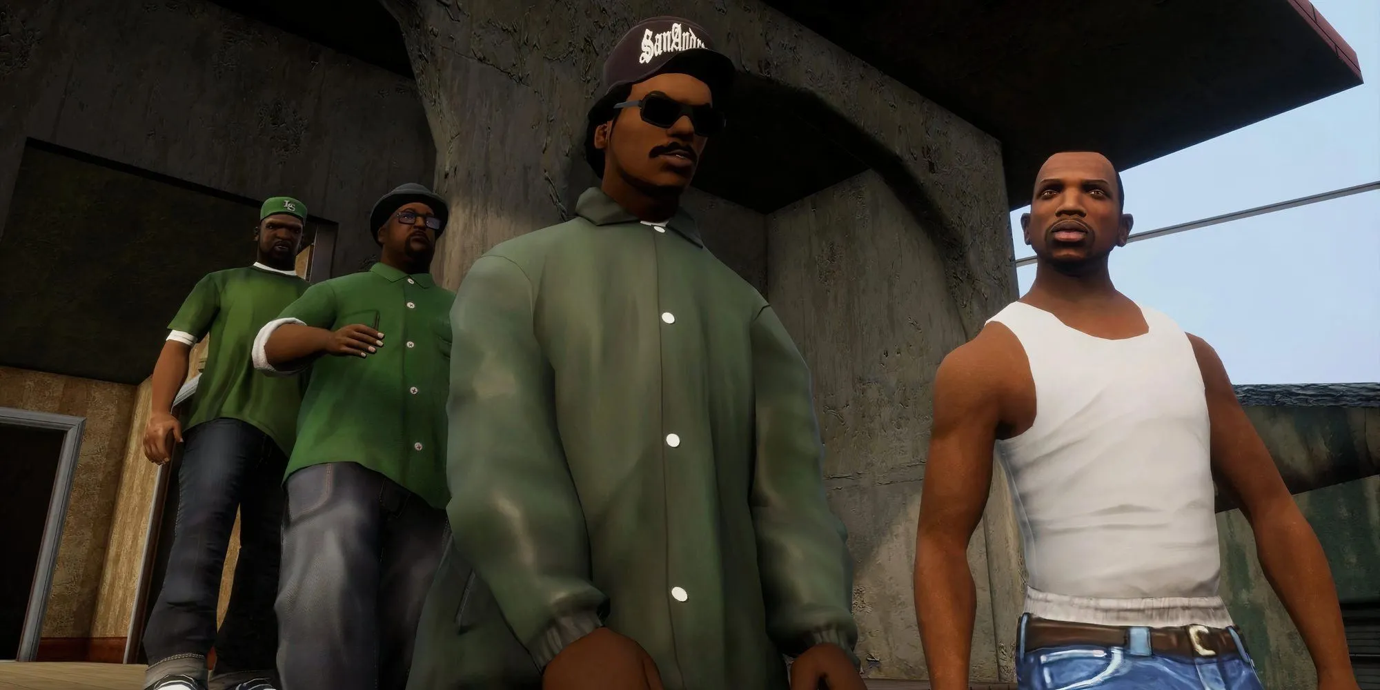CJ và đồng đội rời khỏi một công trình đá trong Grand Theft Auto: San Andreas