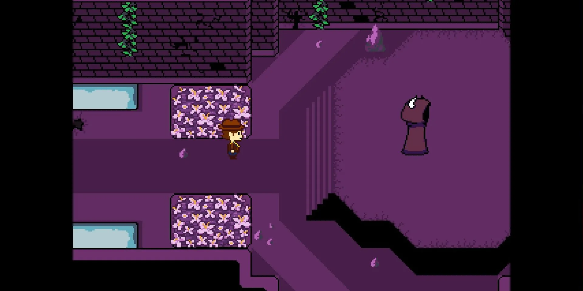 Clover đối mặt với Dalv trong Ruins trong một cảnh của Undertale Yellow