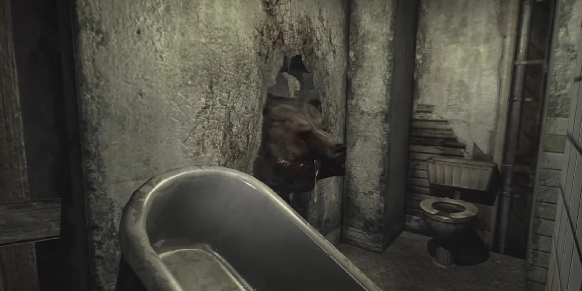 Con gấu hung tợn nhìn qua một lỗ thủng trên tường trong Condemned 2: Bloodshot