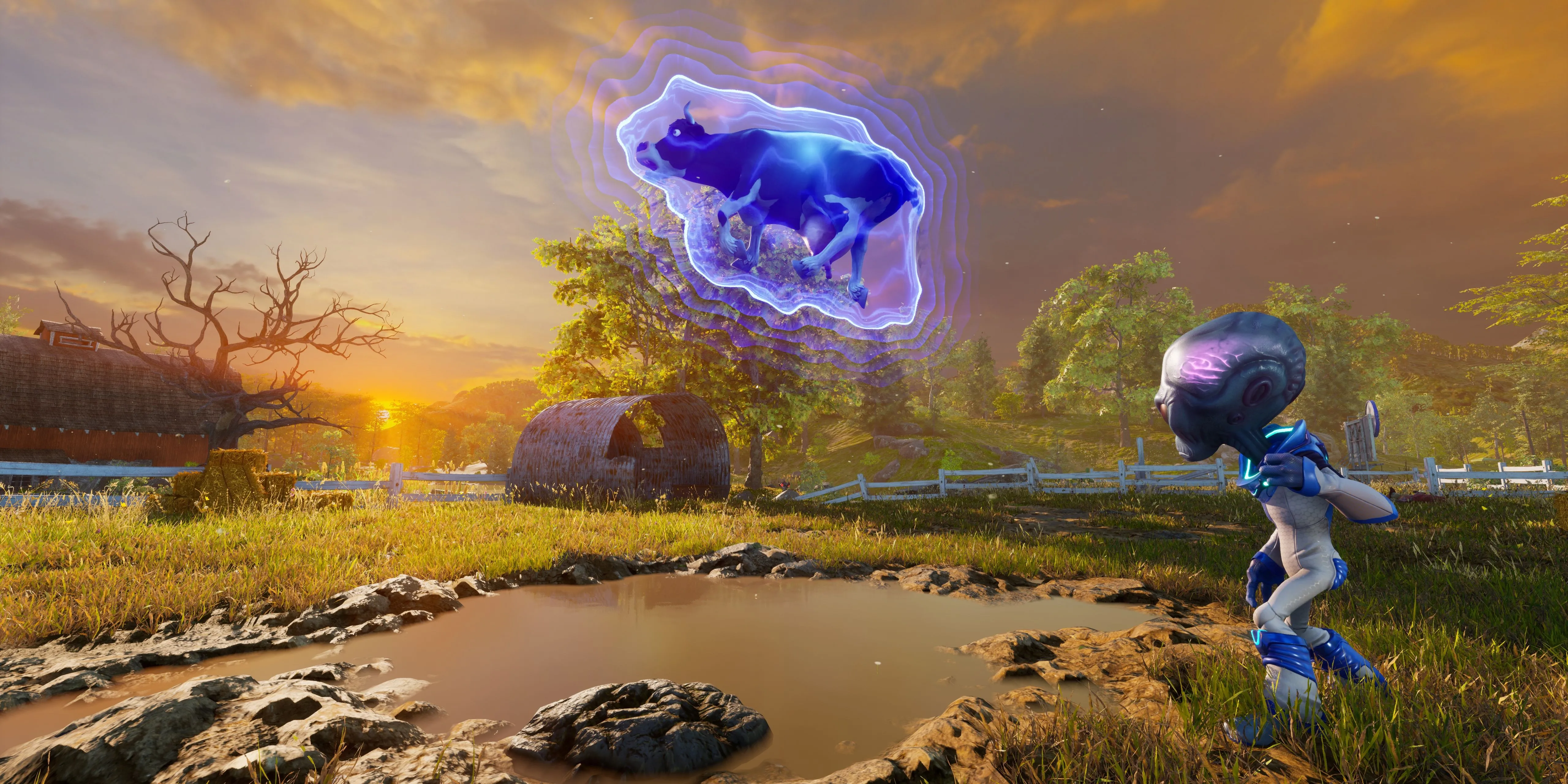 Crypto sử dụng năng lực tâm linh lên một con bò trong Destroy All Humans! - một game hành động hài hước về người ngoài hành tinh xâm lược Trái Đất