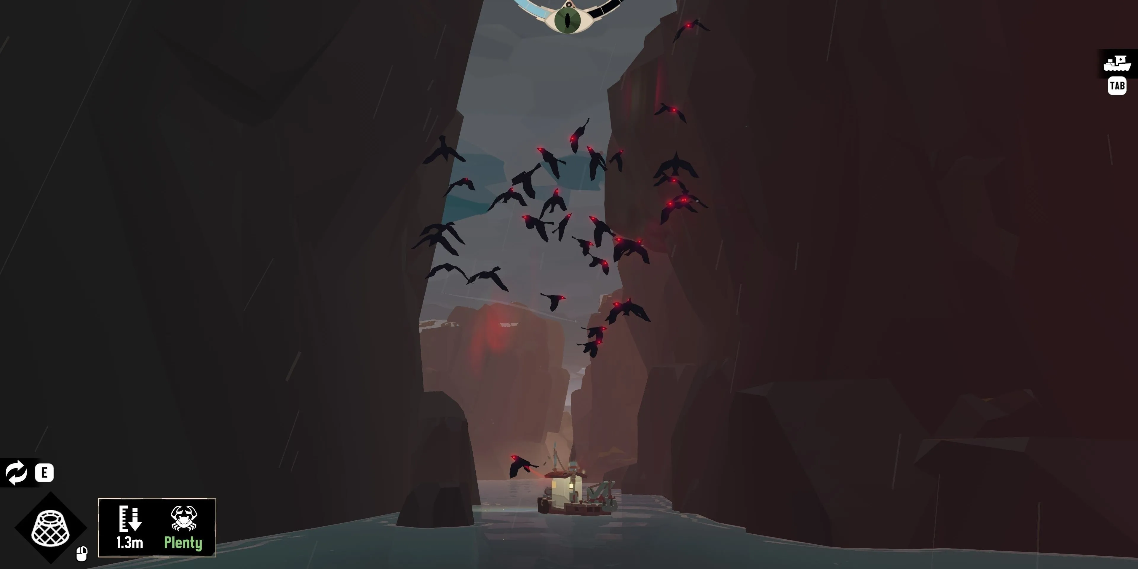 Đàn chim tấn công tàu cá trong game Dredge khi chỉ số Panic của người chơi tăng cao