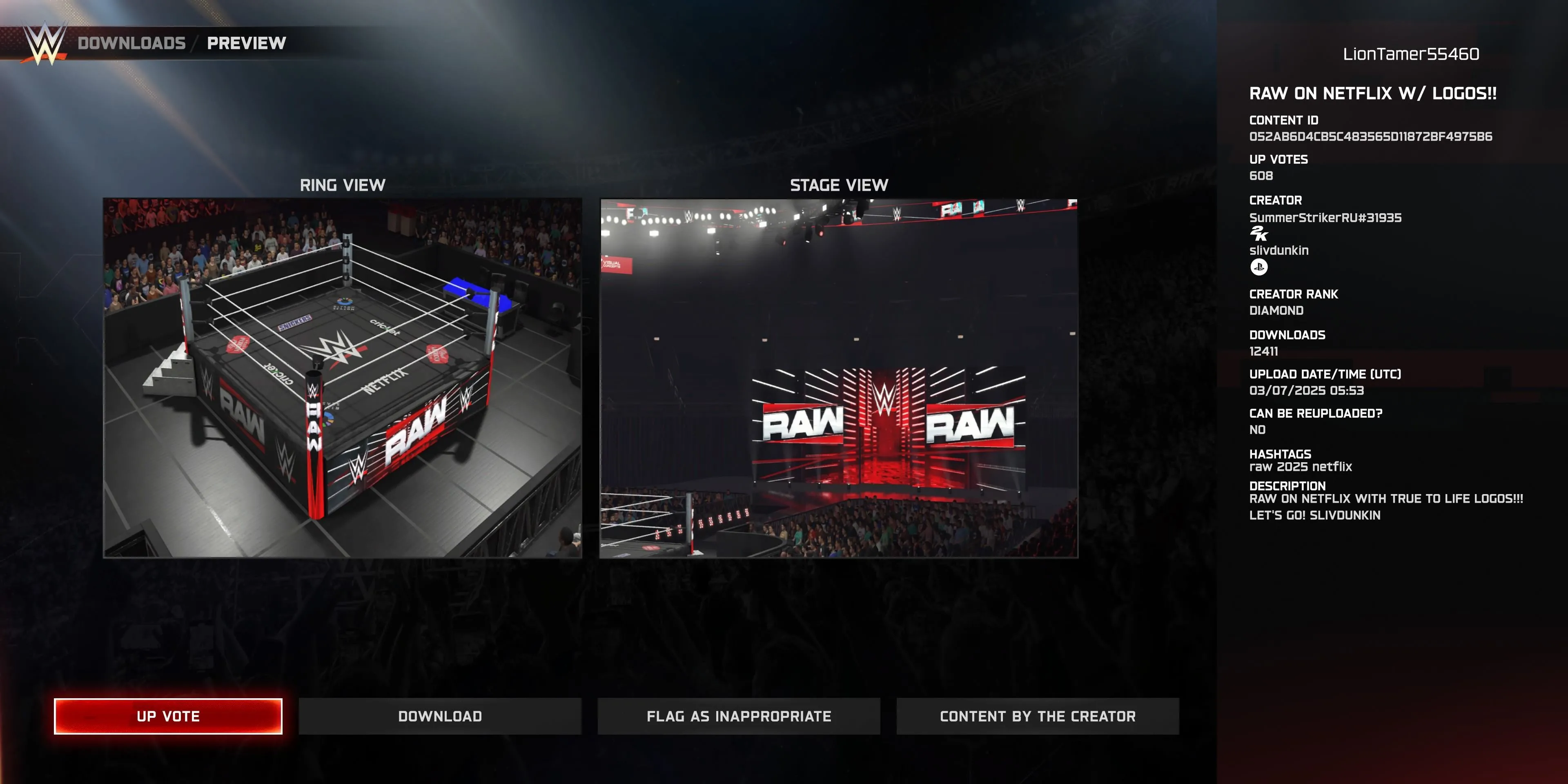 Đấu trường Raw on Netflix tùy chỉnh trong WWE 2K25 với logo nhà tài trợ