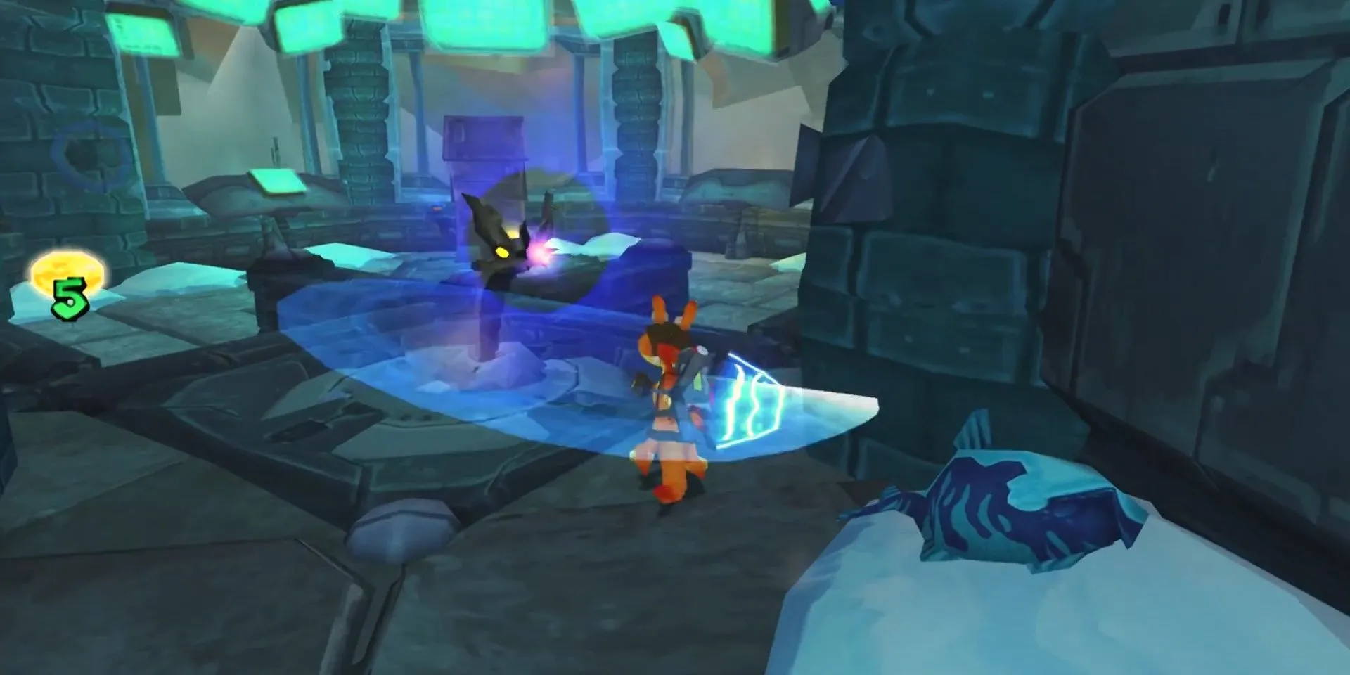 Daxter chiến đấu với Metal Bug trong tựa game riêng Daxter trên PSP, thể hiện gameplay hành động độc đáo.