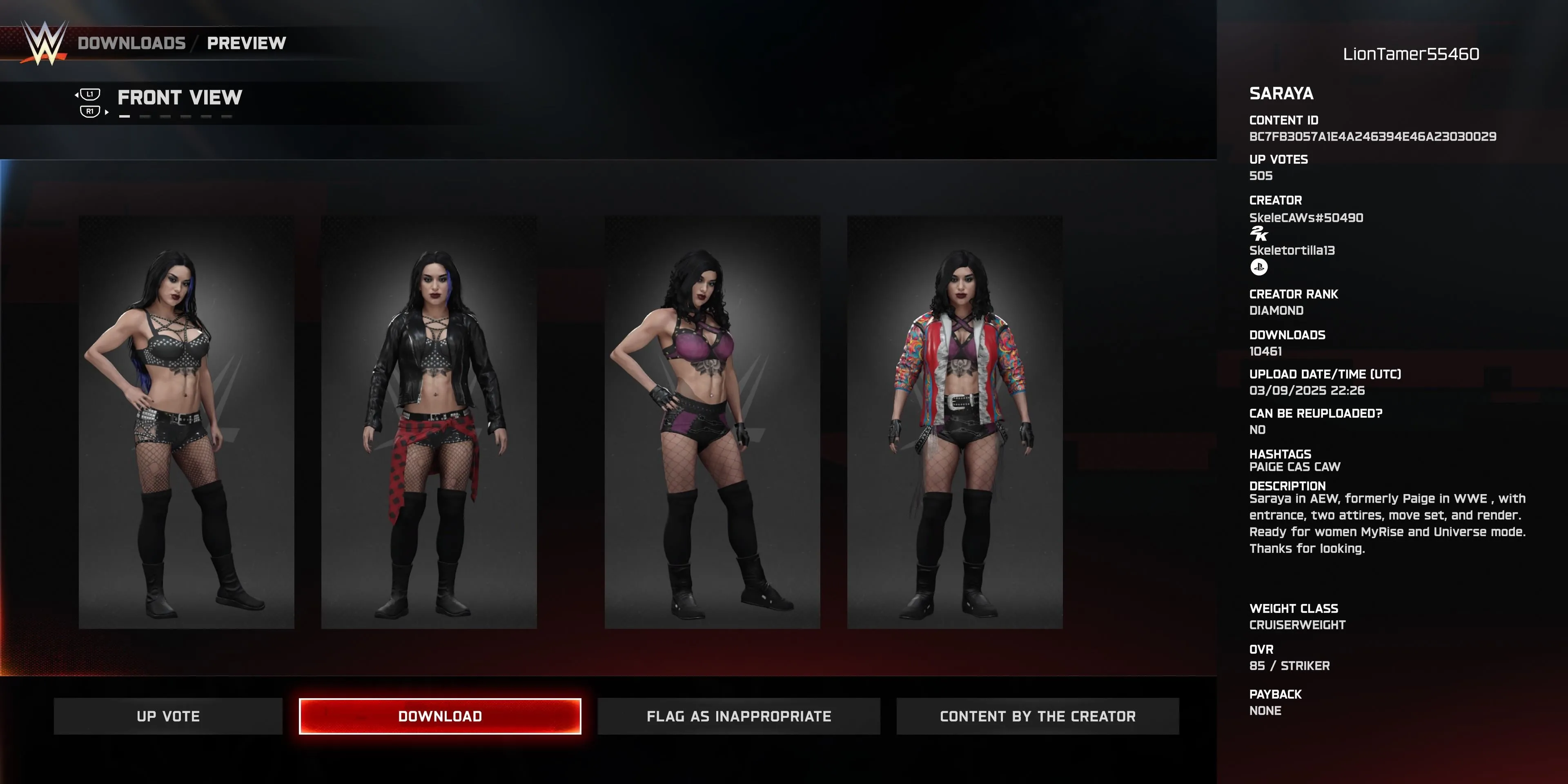 Đô vật tùy chỉnh Saraya (Paige) trong WWE 2K25 với trang phục AEW và WWE cũ