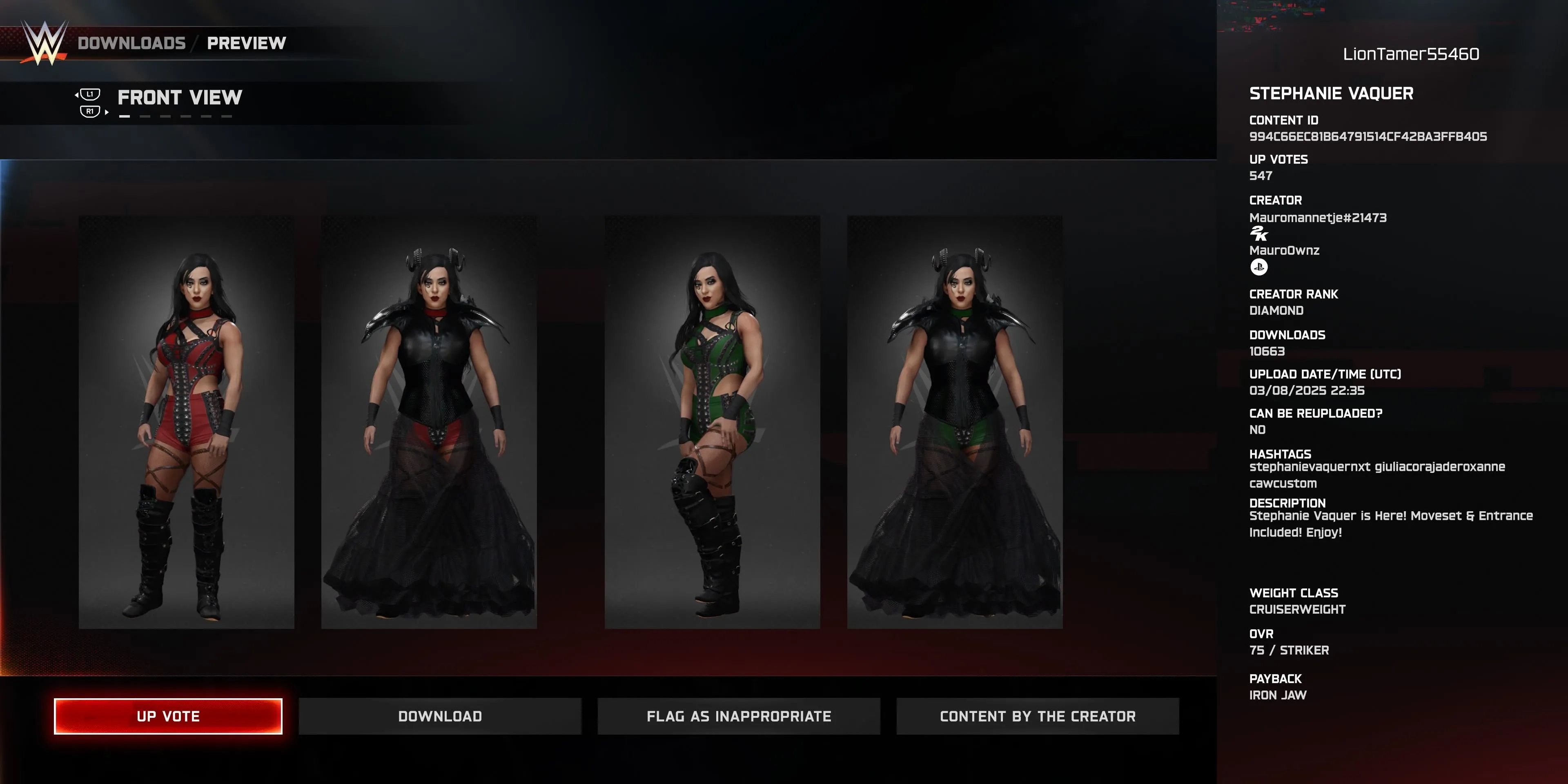 Đô vật tùy chỉnh Stephanie Vaquer (CAW) trong WWE 2K25 với trang phục đỏ đặc trưng