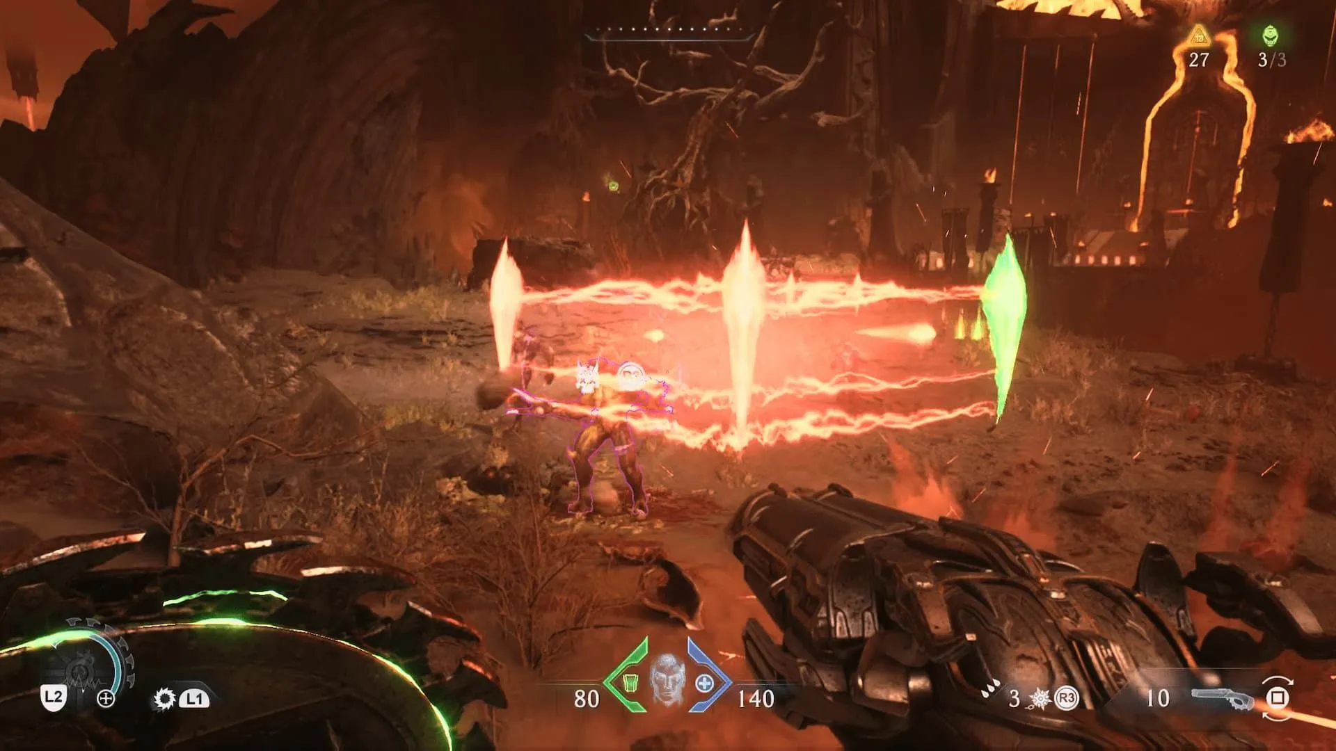 Doom Slayer đối phó với kẻ thù và tia laser trong Doom The Dark Ages