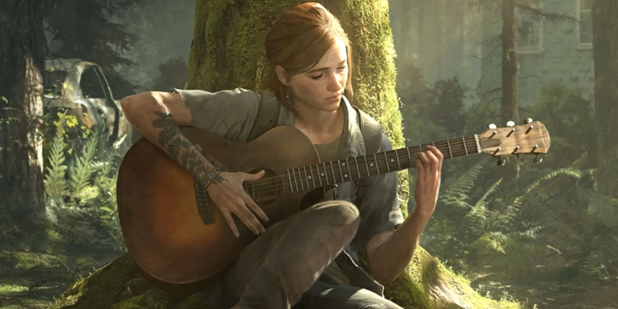 Ellie ngồi chơi đàn guitar dưới gốc cây trong The Last of Us Part 2