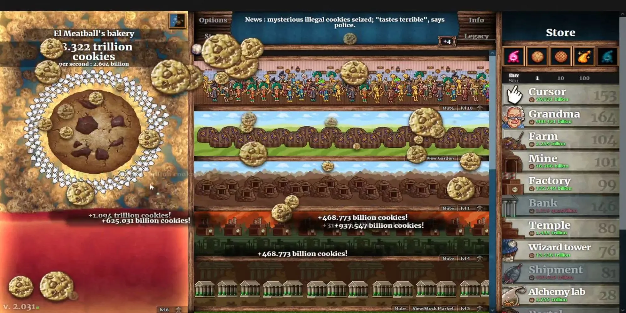 Gameplay của Cookie Clicker trên Steam với giao diện click chuột và nâng cấp