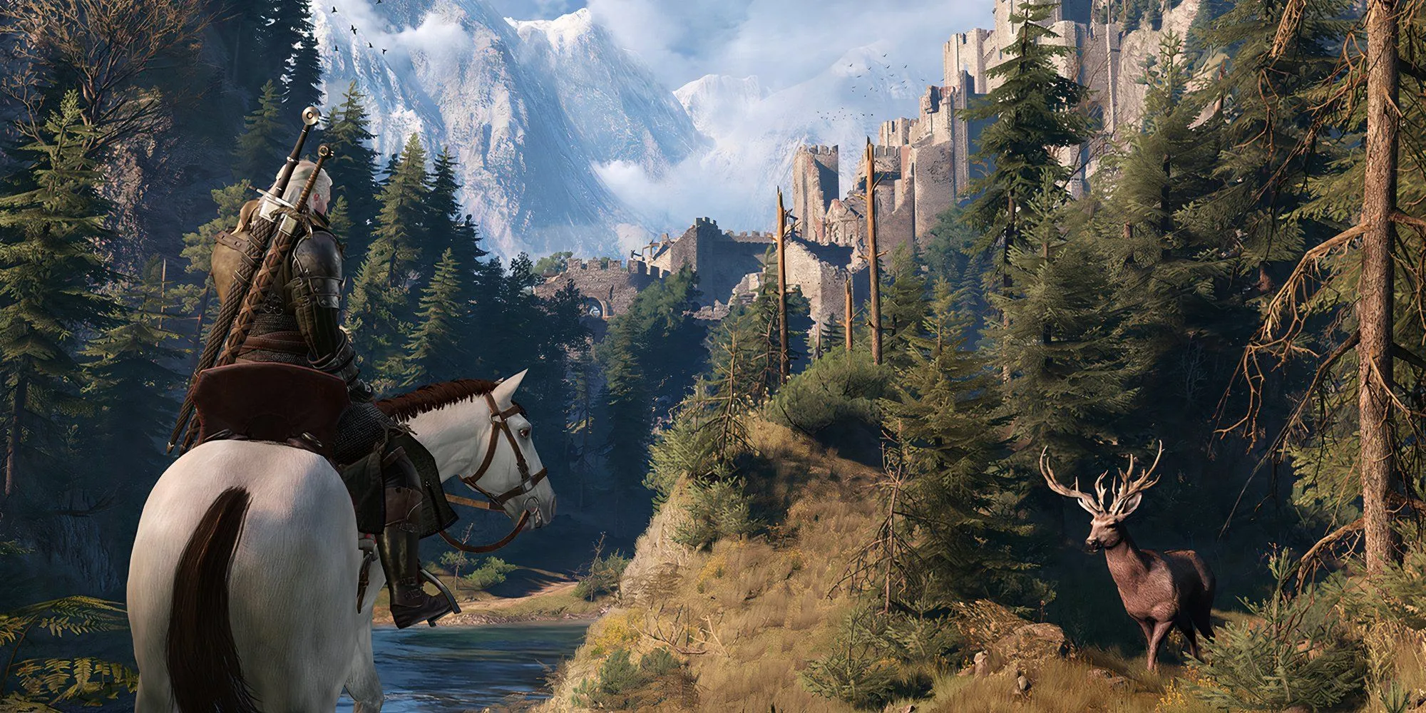 Geralt xứ Rivia trong The Witcher 3 Wild Hunt cưỡi ngựa qua những người dân trên đường phố đông đúc