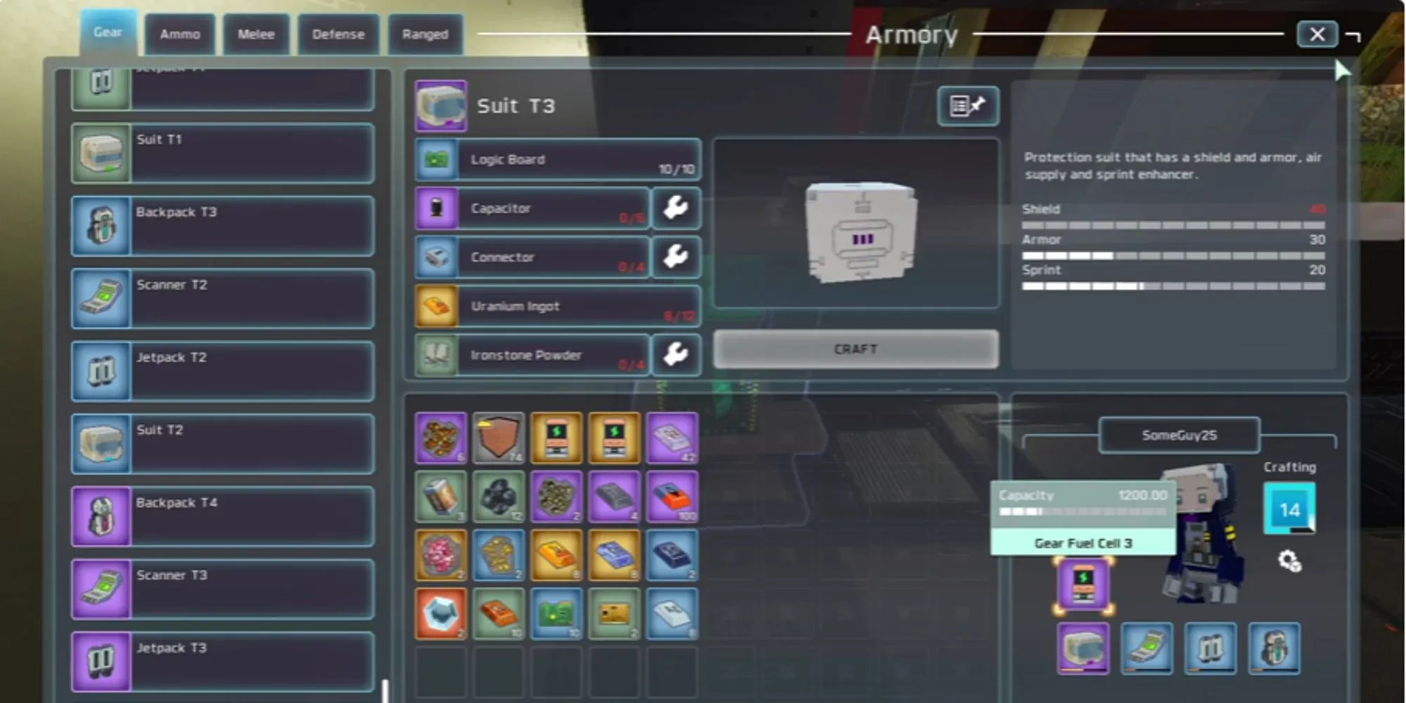 Giao diện chế tạo (Crafting) trong Cubic Odyssey, cho phép tạo ra vật phẩm từ nguyên liệu thu thập