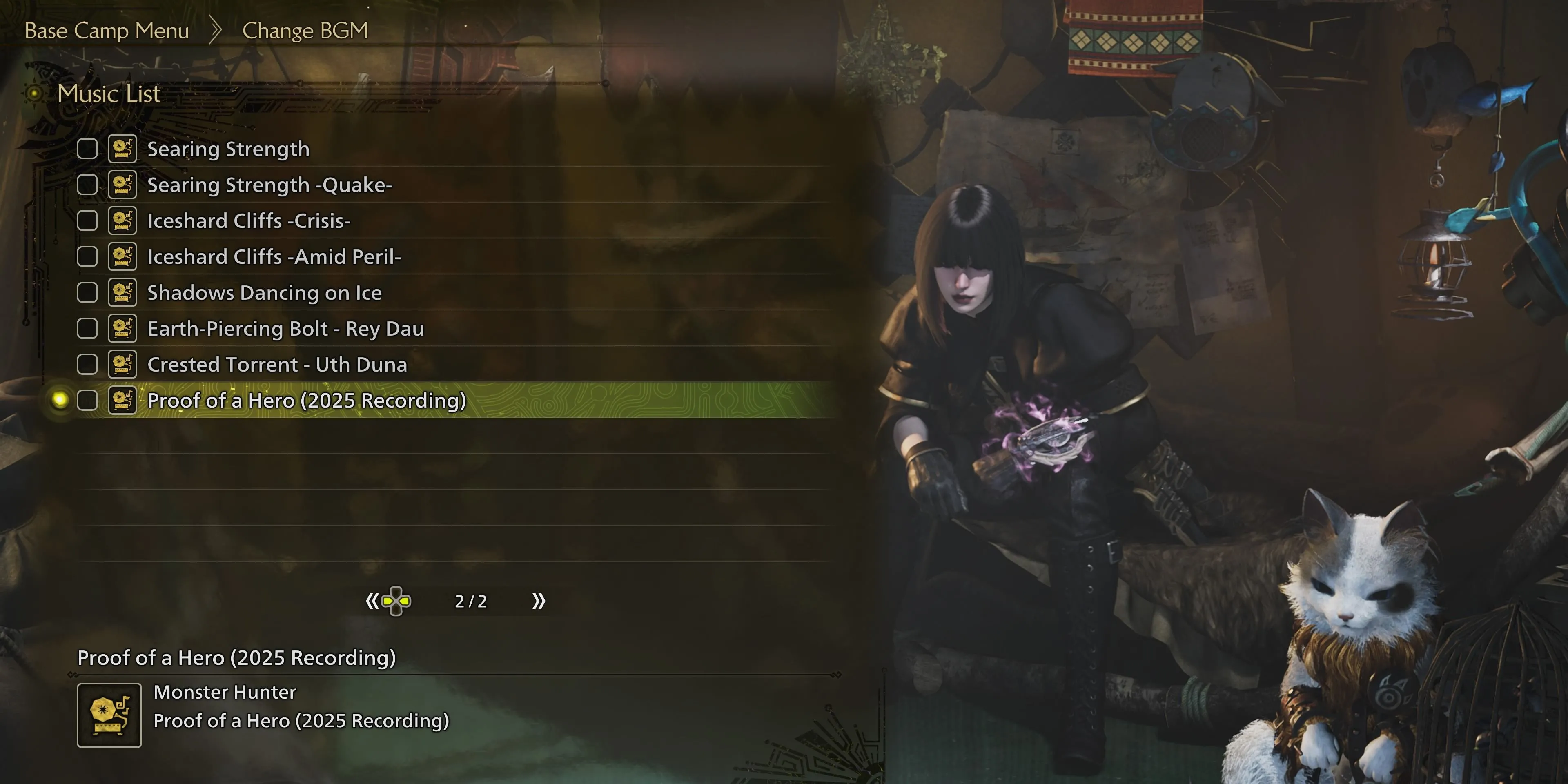 Giao diện chọn nhạc nền Proof of a Hero trong lều ở Monster Hunter Wilds