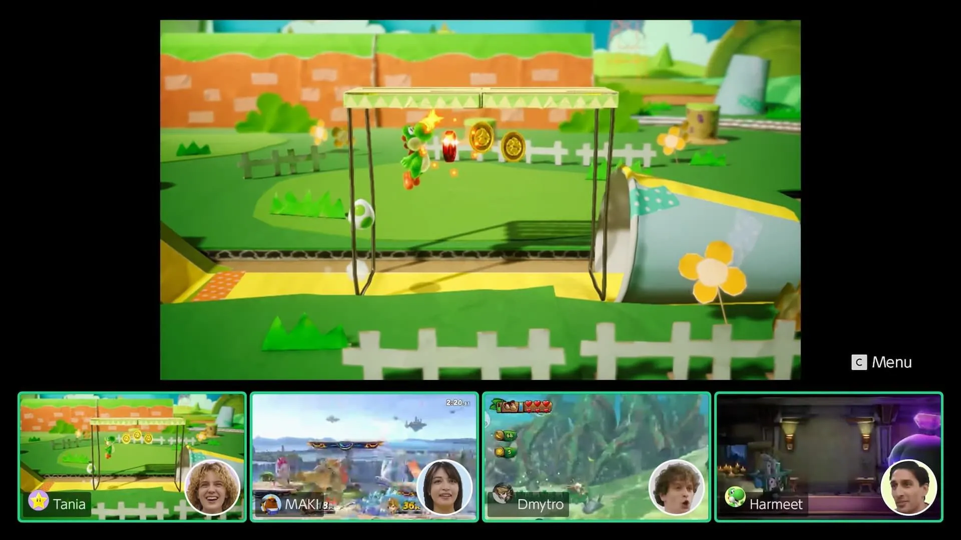 Giao diện GameChat trên Nintendo Switch 2 hiển thị Yoshi và tùy chọn video call