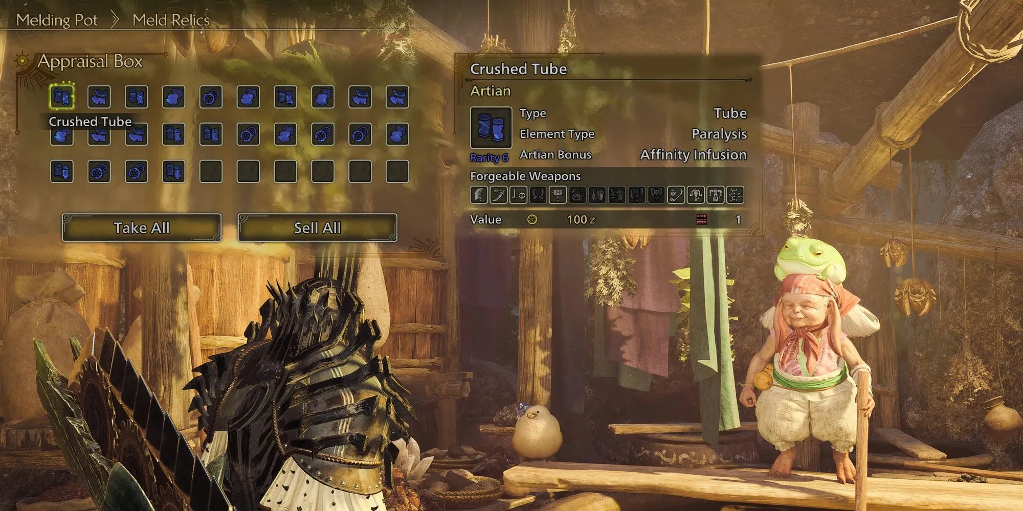 Giao diện Lò Luyện Kim (Melding Pot) trong Monster Hunter Wilds hiển thị tùy chọn chế tạo Nguyên liệu Artian