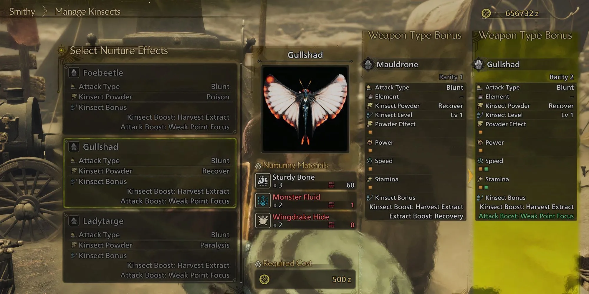 Giao diện nuôi dưỡng Kinsect bằng Monster Fluid trong Monster Hunter Wilds