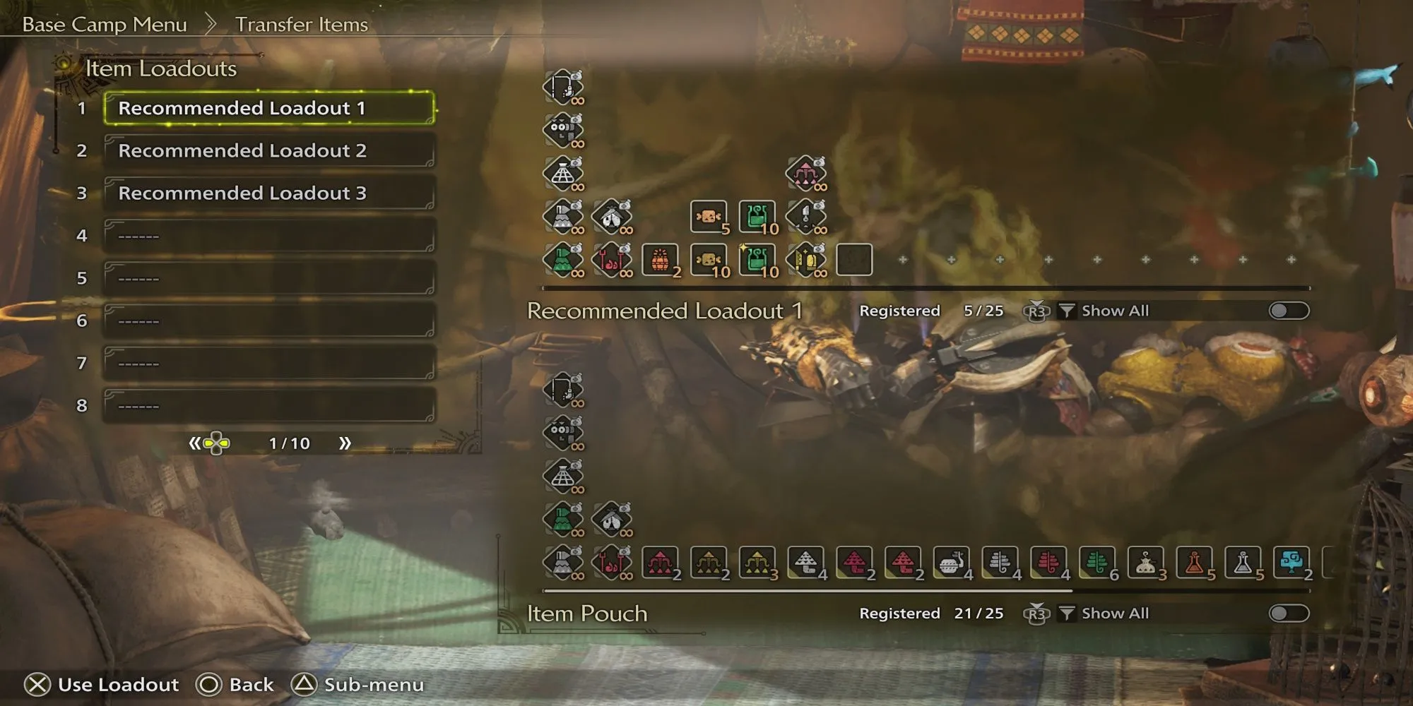 Giao diện quản lý bộ vật phẩm (item loadout) trong Monster Hunter Wilds giúp chuẩn bị đi săn