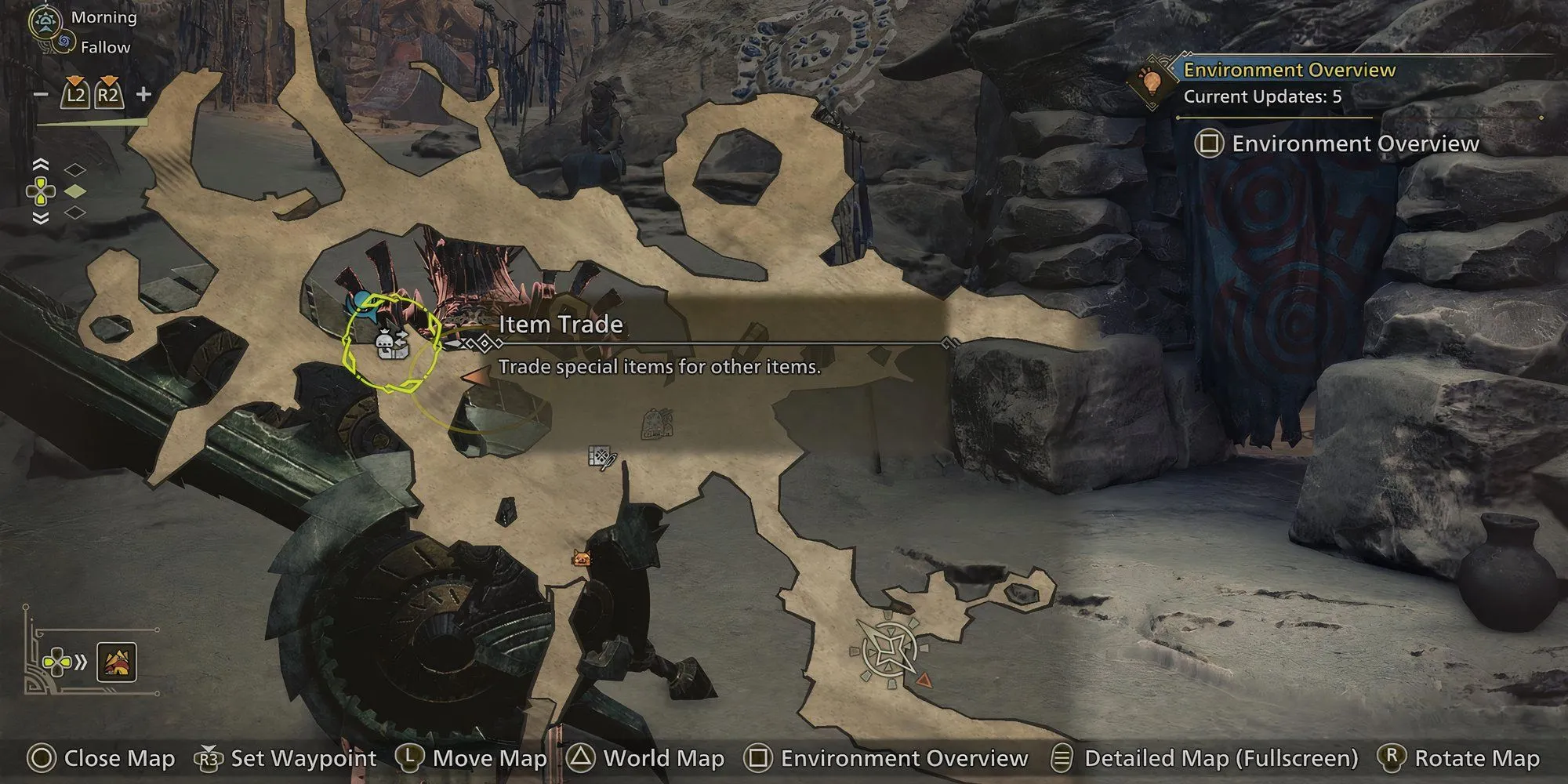 Giao diện trao đổi vật phẩm với thương nhân trong Monster Hunter Wilds để nhận nguyên liệu nấu ăn