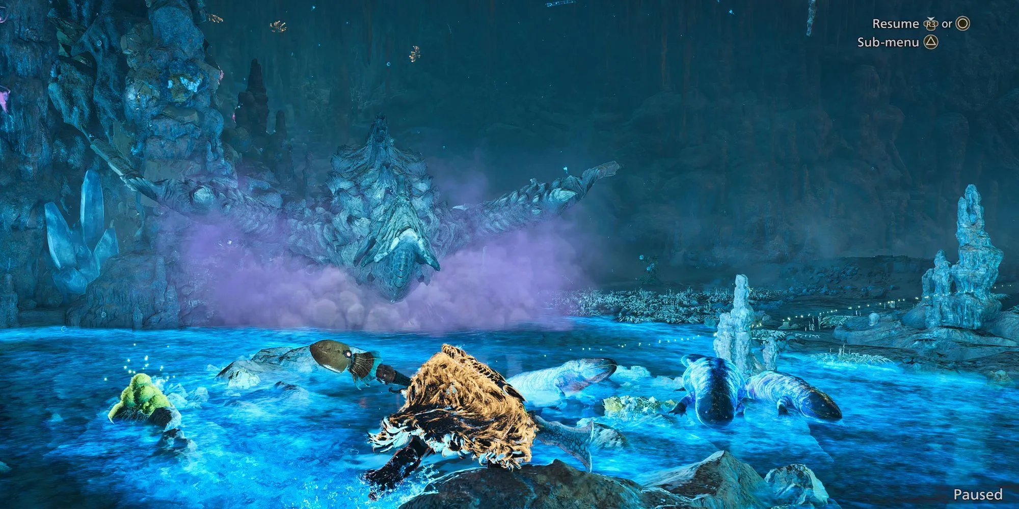 Gravios trong Monster Hunter Wilds với tư thế chuẩn bị tung chiêu, yêu cầu thợ săn cảnh giác