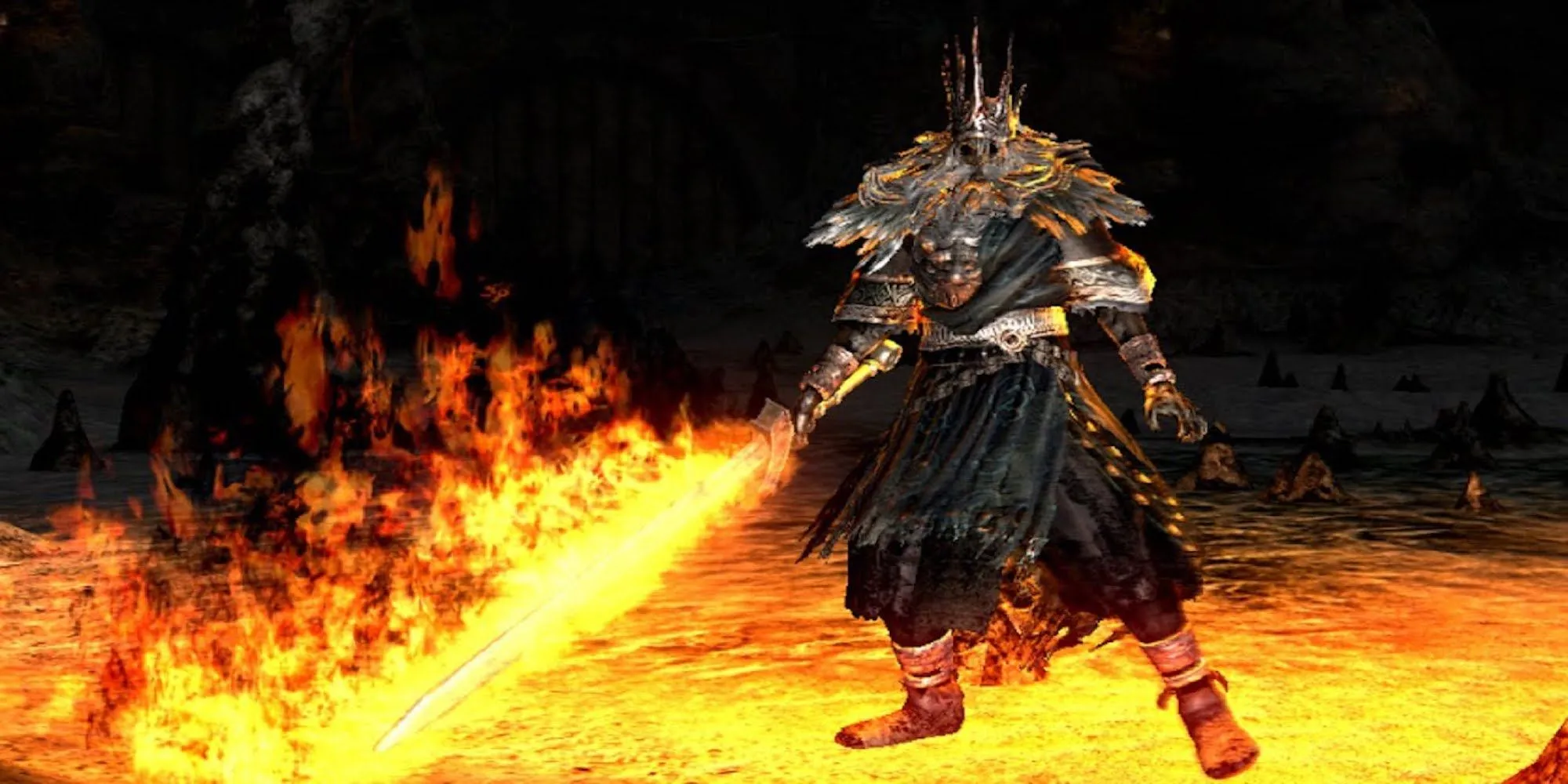 Gwyn, Lord of Cinder Dark Souls với thanh đại kiếm rực lửa trong Kiln of the First Flame