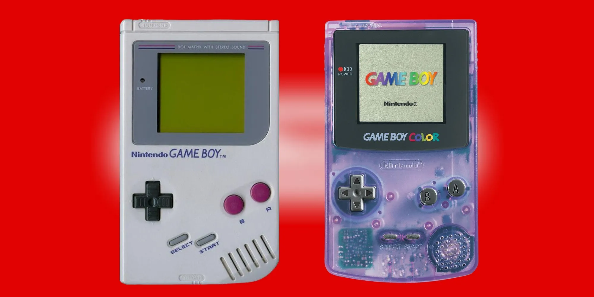 Hai máy chơi game Game Boy gốc và Game Boy Color đặt cạnh nhau, với GBC hiển thị game Pokémon có màu sắc