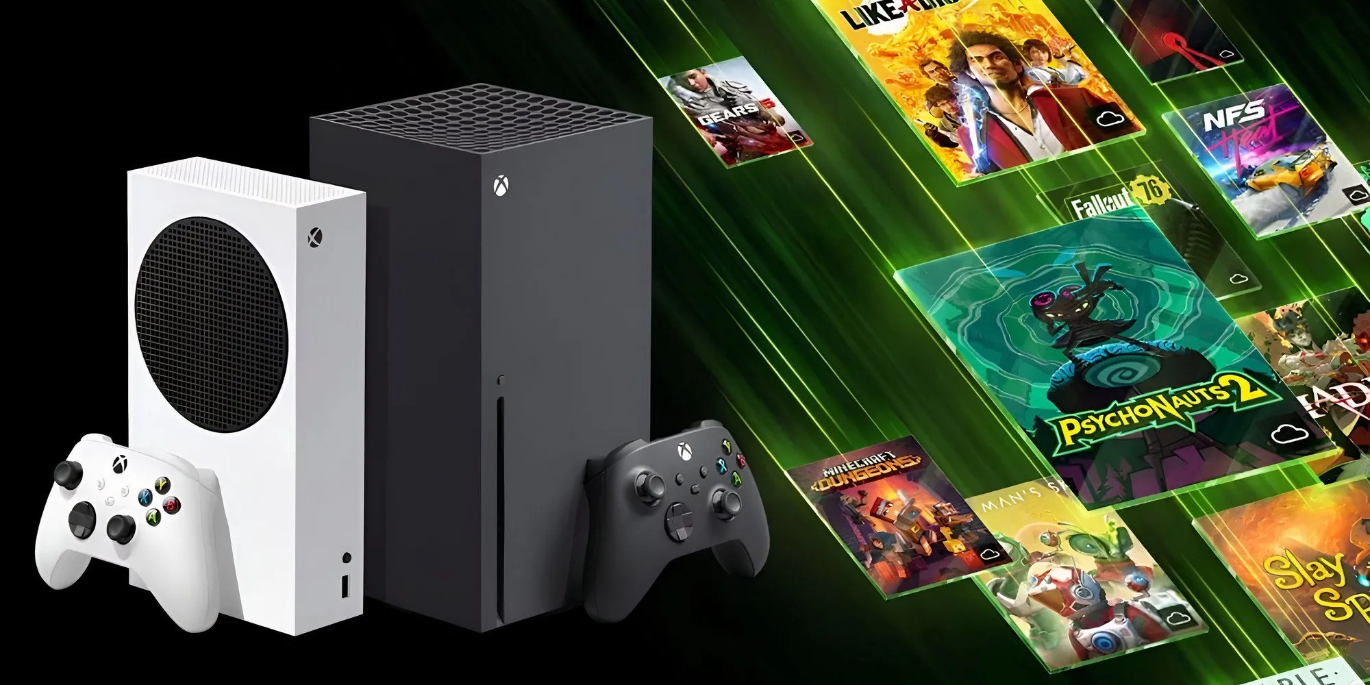 Hai máy chơi game Xbox Series X và Series S đặt cạnh các hộp đĩa game Xbox