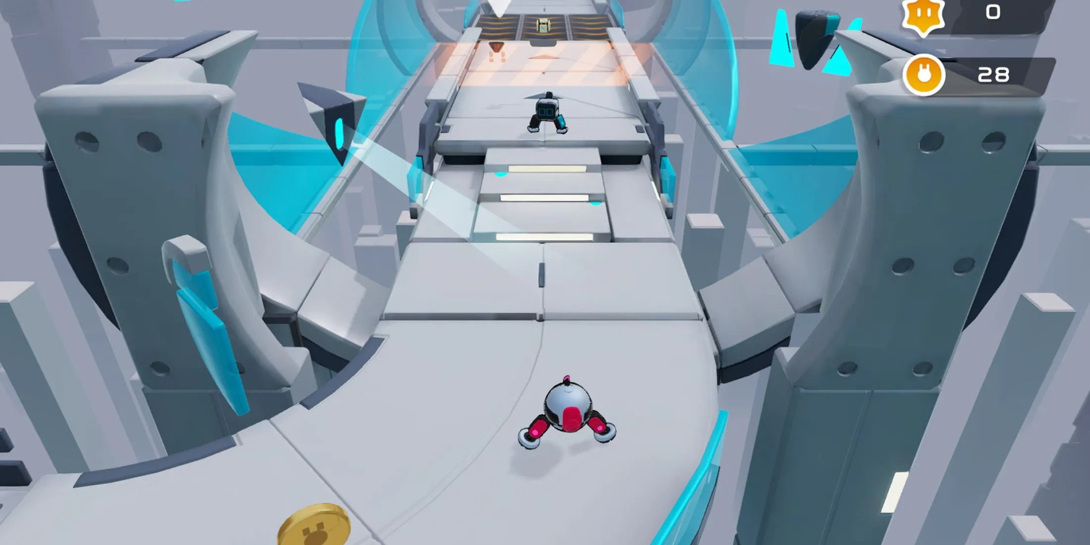 Hai robot nhỏ phối hợp giải đố trong game Biped đầy màu sắc