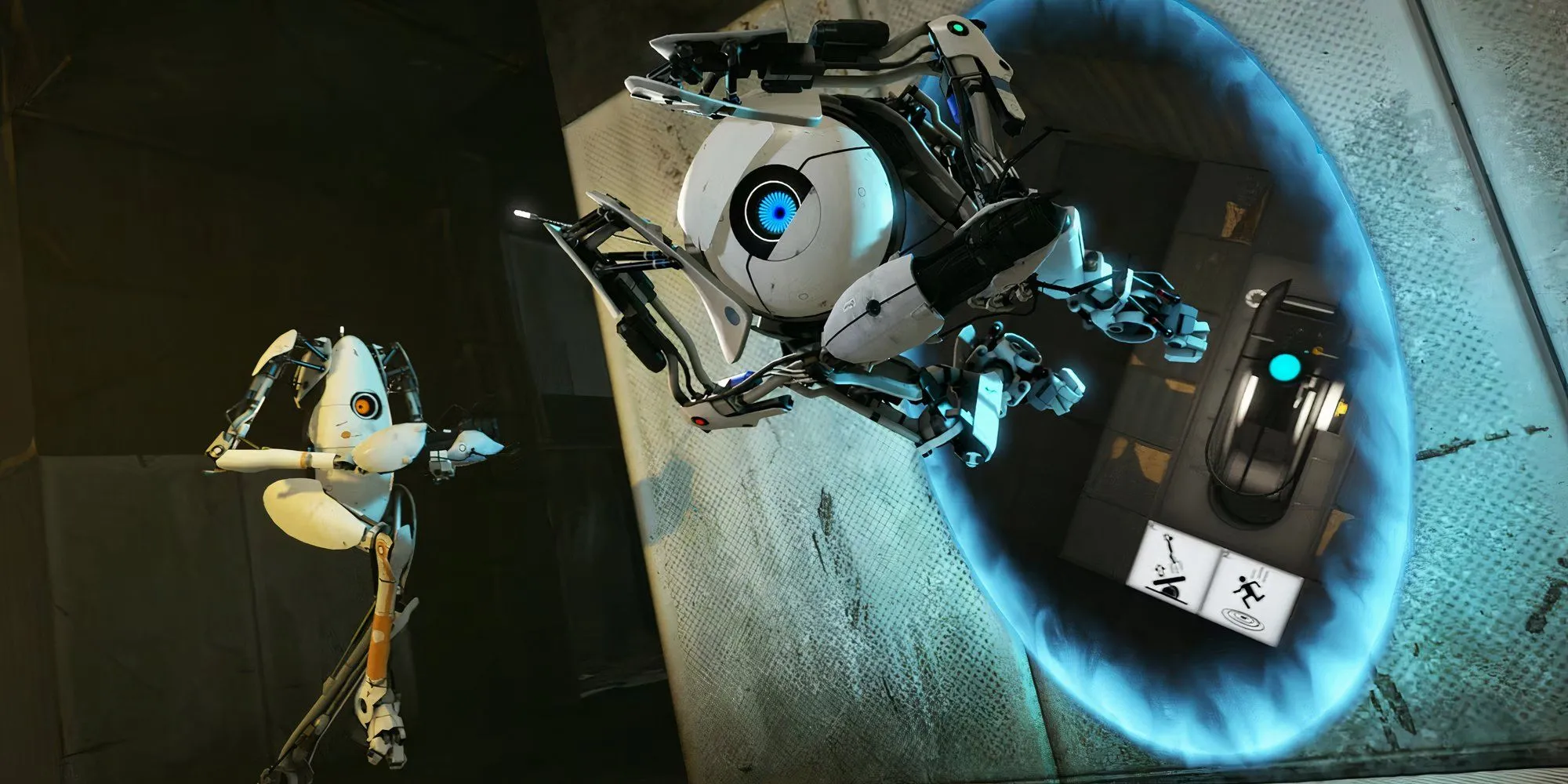 Hai robot trong Portal 2 đang nhảy qua một cổng không gian trong chế độ co-op