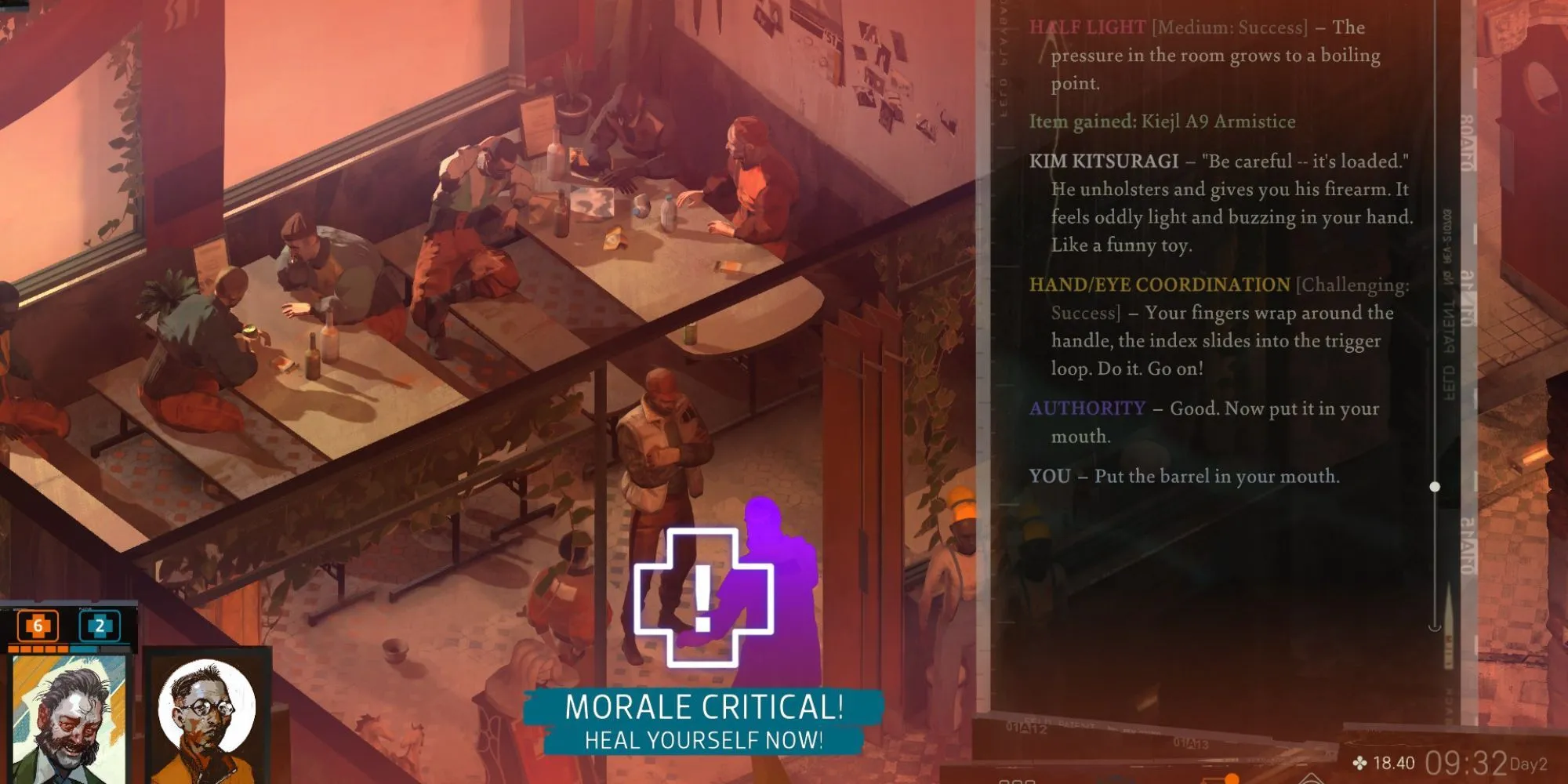 Harry DuBois trong Disco Elysium dọa tự tử, một lựa chọn phi lý trong game