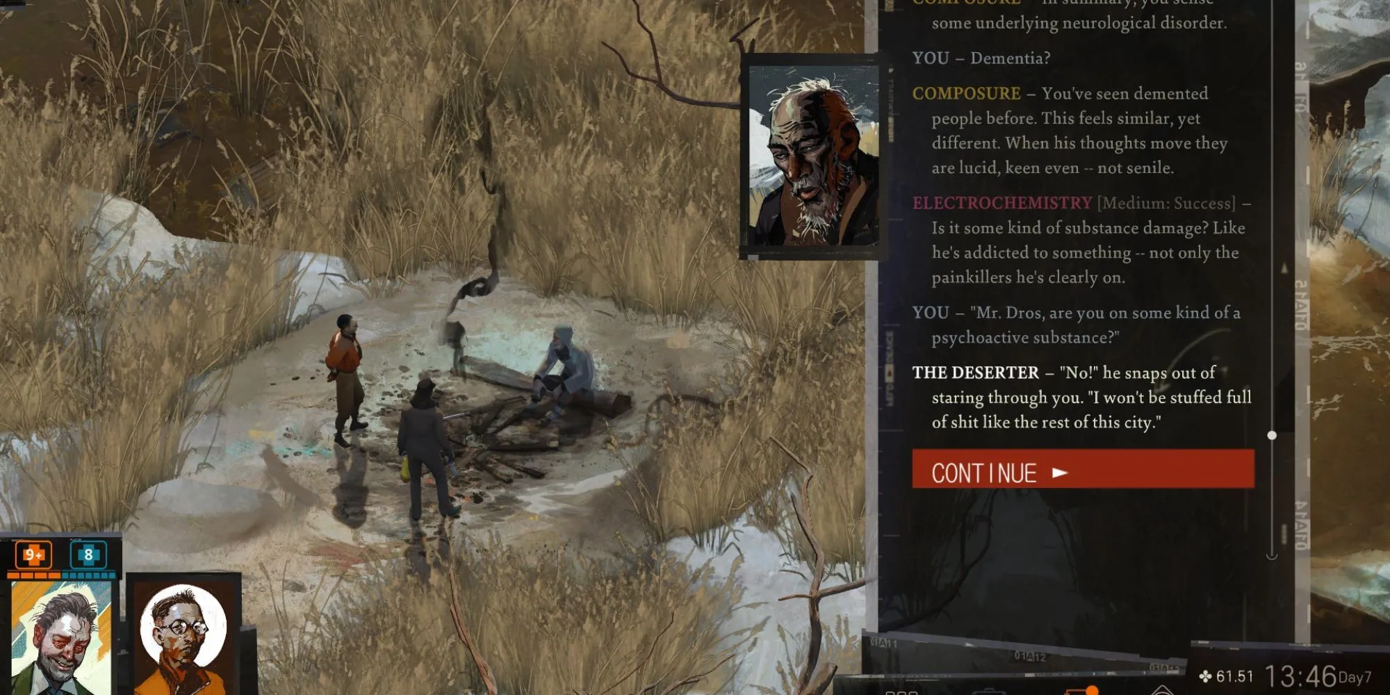 Harry DuBois và Kim Kitsuragi trong một phân cảnh của Disco Elysium, nơi người chơi có thể đưa ra lựa chọn đối lập