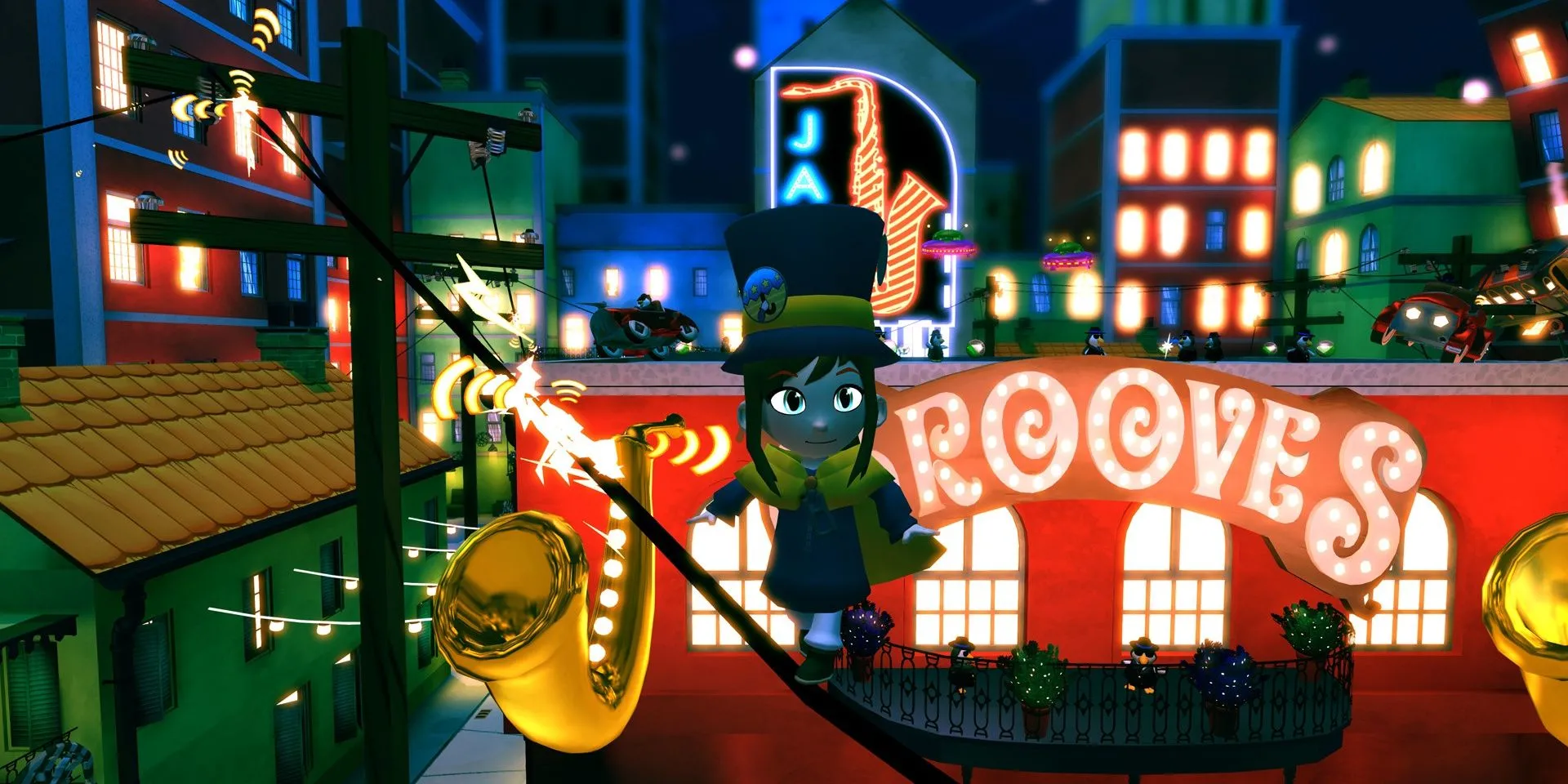 Hat Kid đi trên dây điện trong game A Hat in Time với phong cách hoạt hình