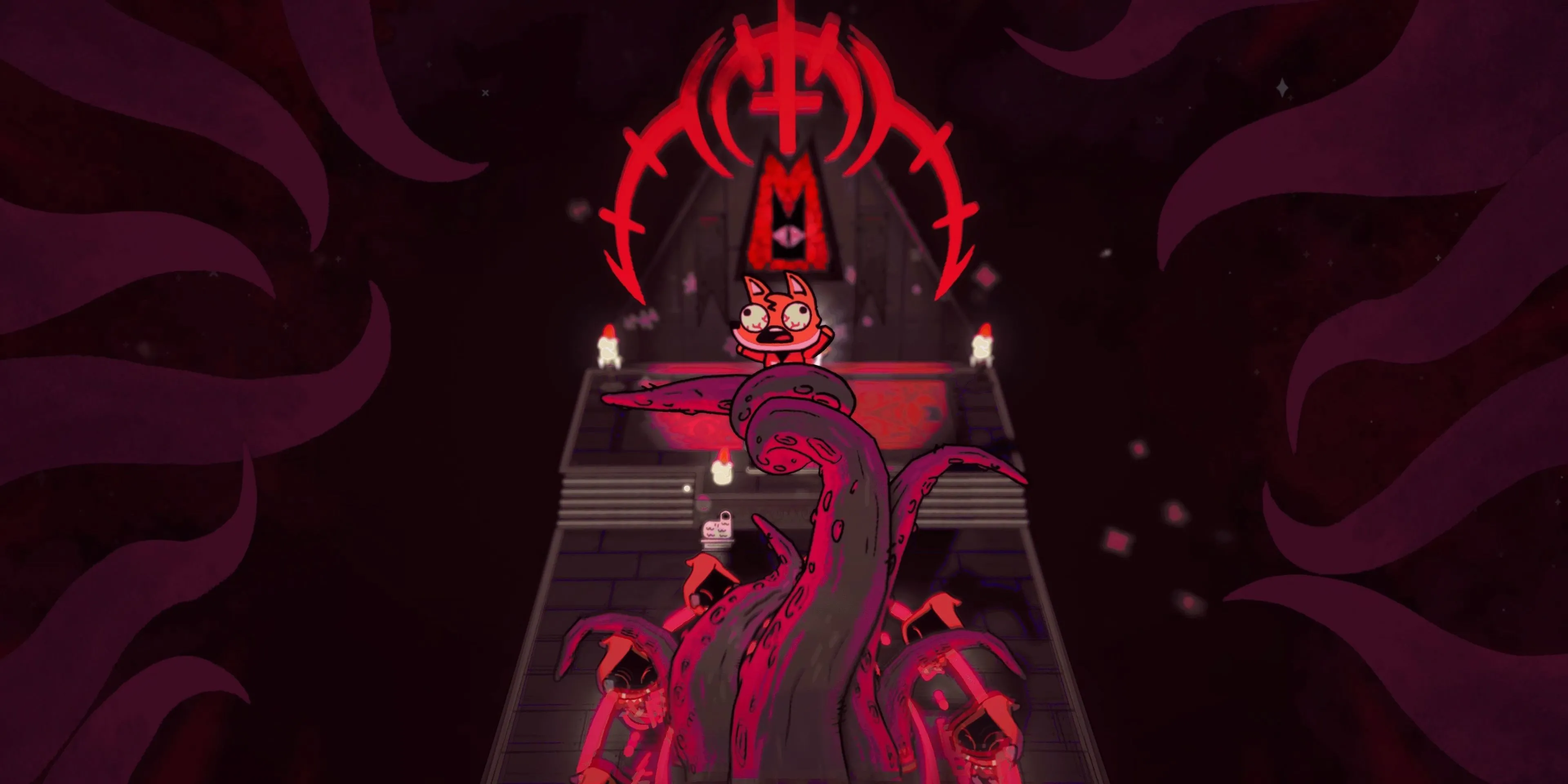 Hiến tế một tín đồ trong Cult of the Lamb - một game roguelite mô phỏng xây dựng giáo phái với yếu tố hài hước đen tối