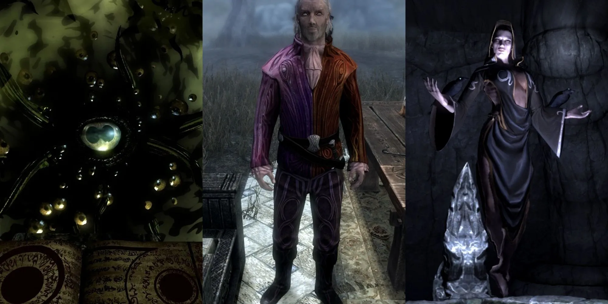 Hình ảnh các Hoàng Tử Daedric quyền năng trong Skyrim: Hermaeus Mora, Sheogorath và Nocturnal.