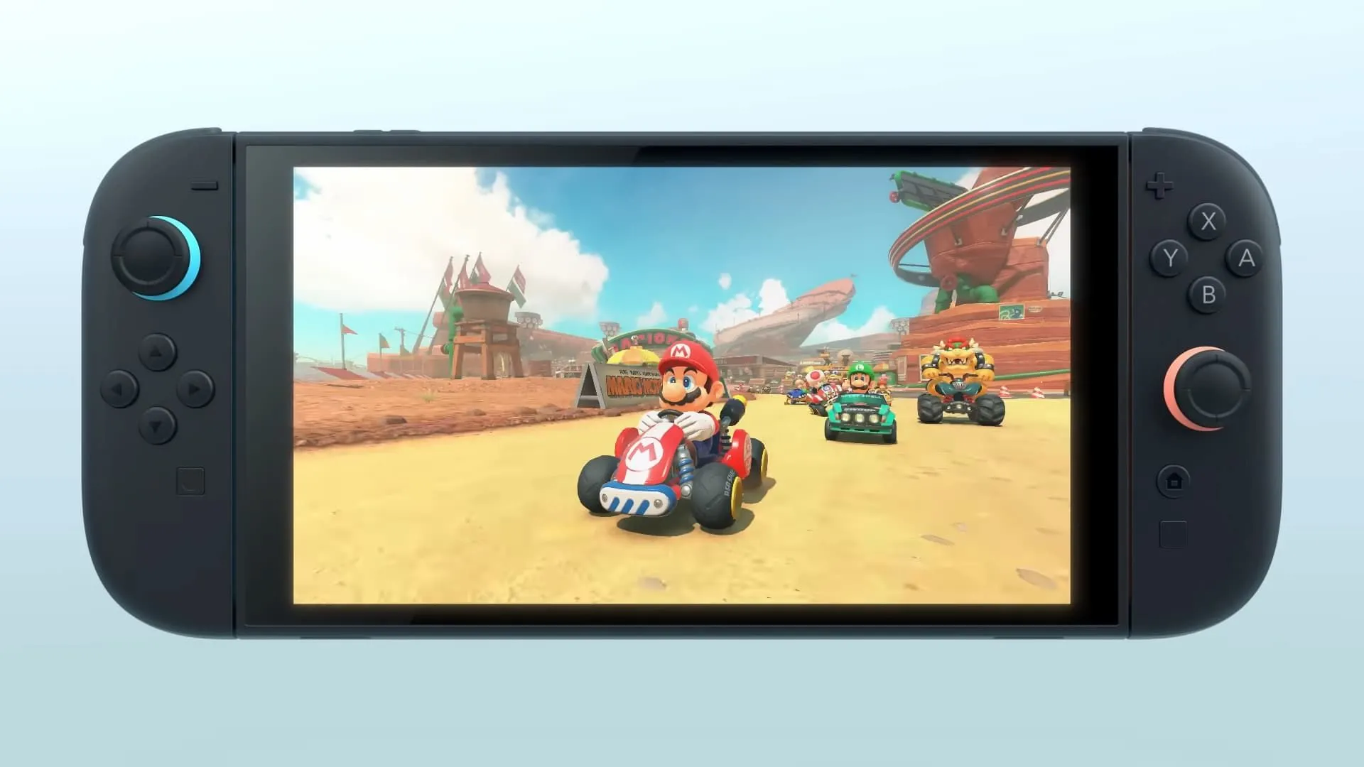 Nintendo Switch 2: Nút C và Tính Năng GameChat Đột Phá 1 Hình ảnh concept Nintendo Switch 2 với tựa game Mario Kart mới