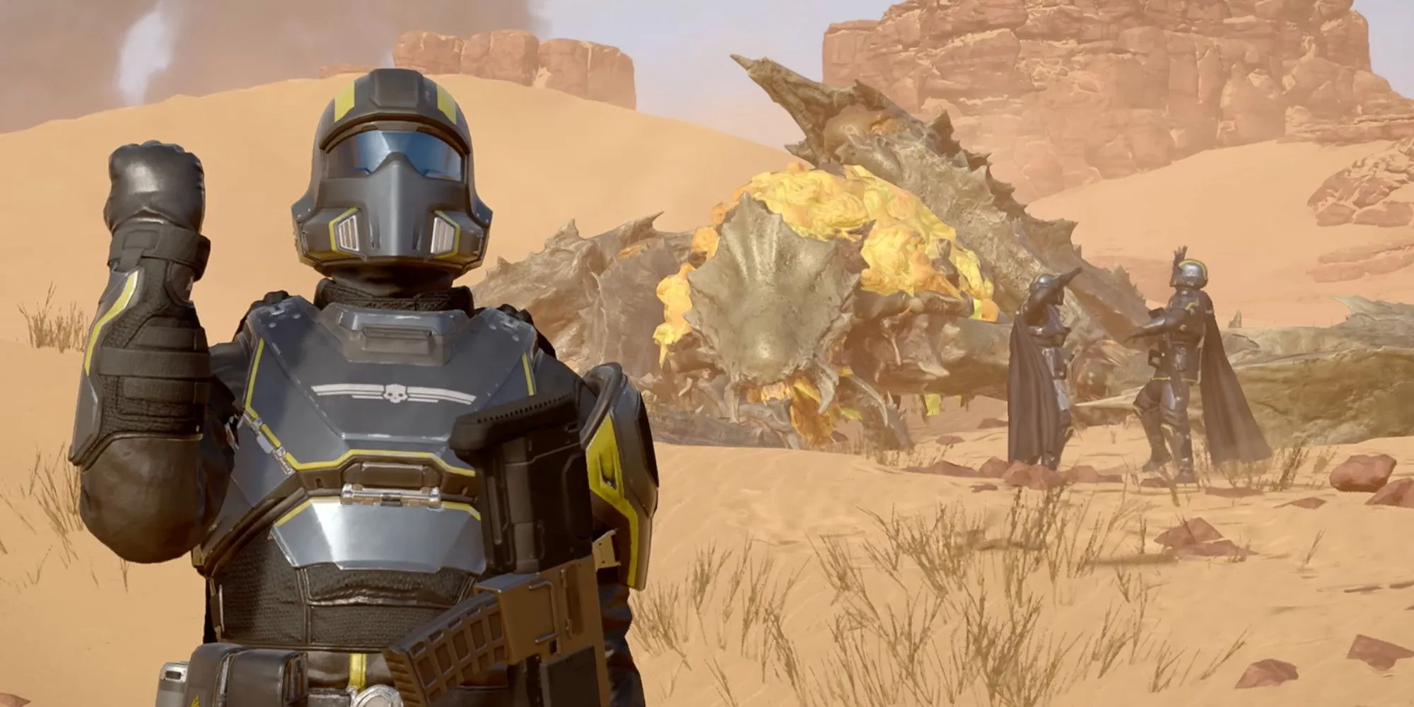 Hình ảnh Helldivers 2 với nhân vật và tàu vũ trụ, thể hiện quy mô và bối cảnh game.