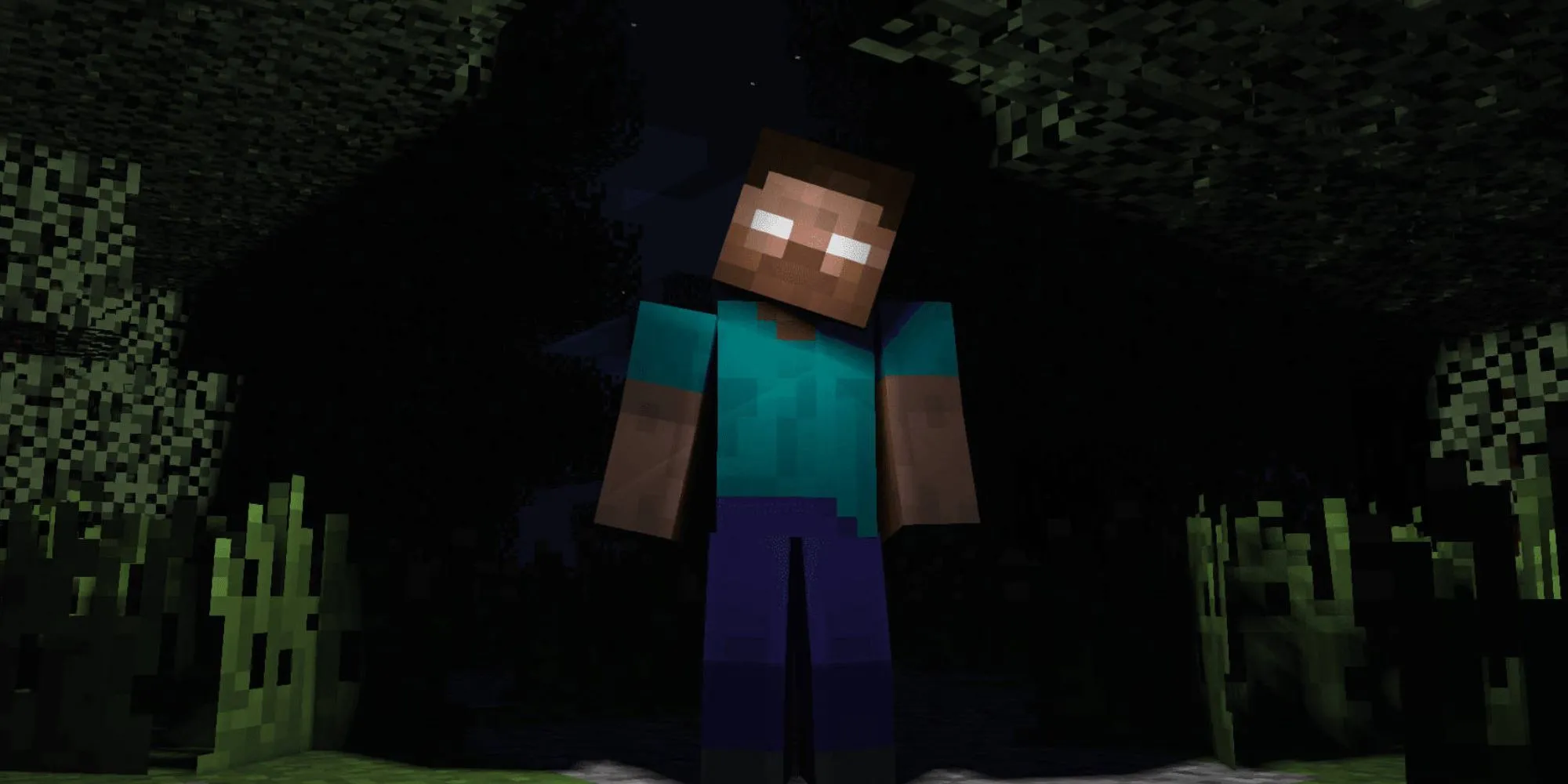 Hình ảnh Herobrine trong khu rừng tối Minecraft, liên quan đến easter egg phim Minecraft.