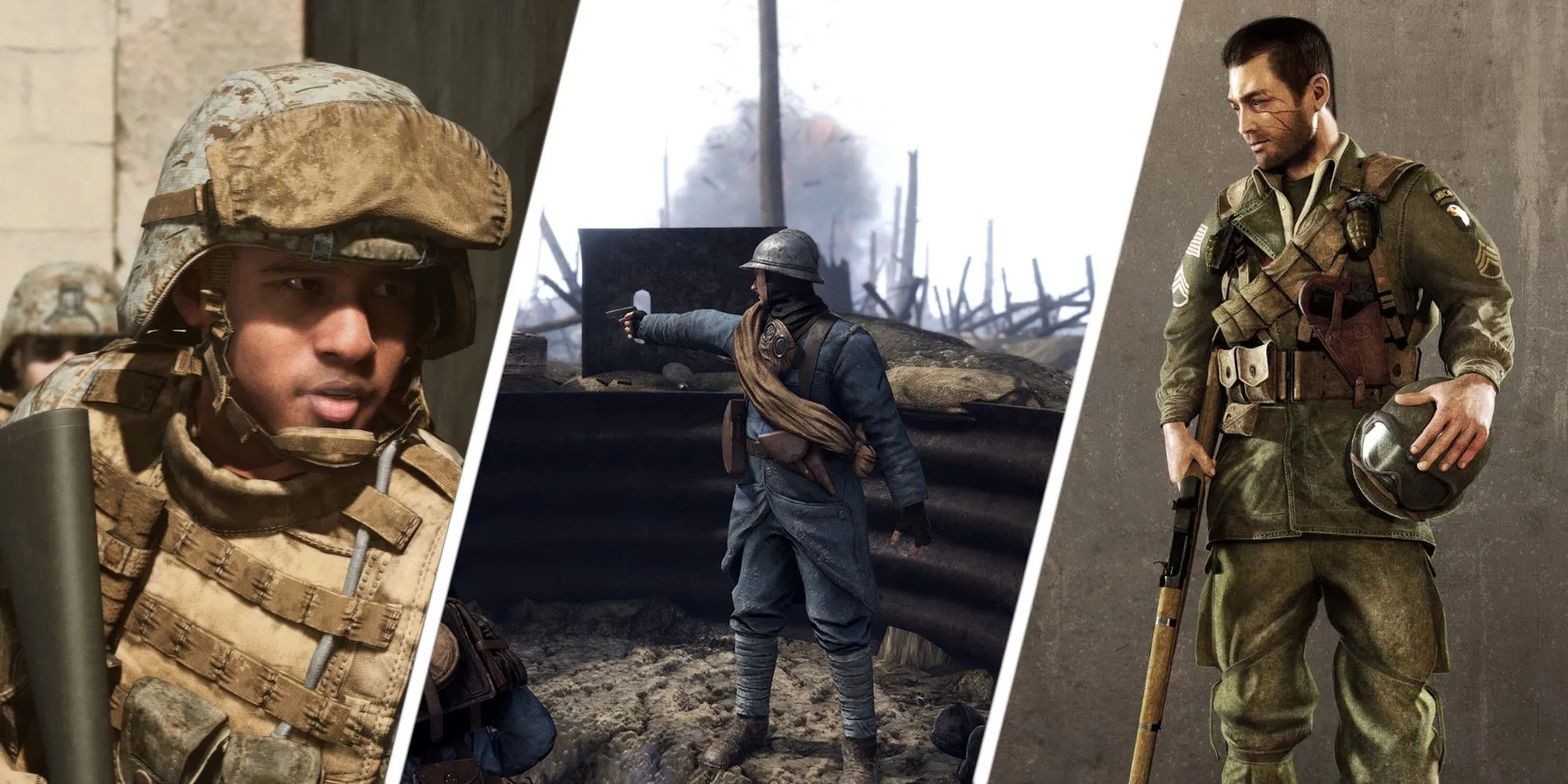 Hình ảnh so sánh giữa các tựa game chiến tranh lịch sử như Six Days in Fallujah, Verdun và Brothers in Arms