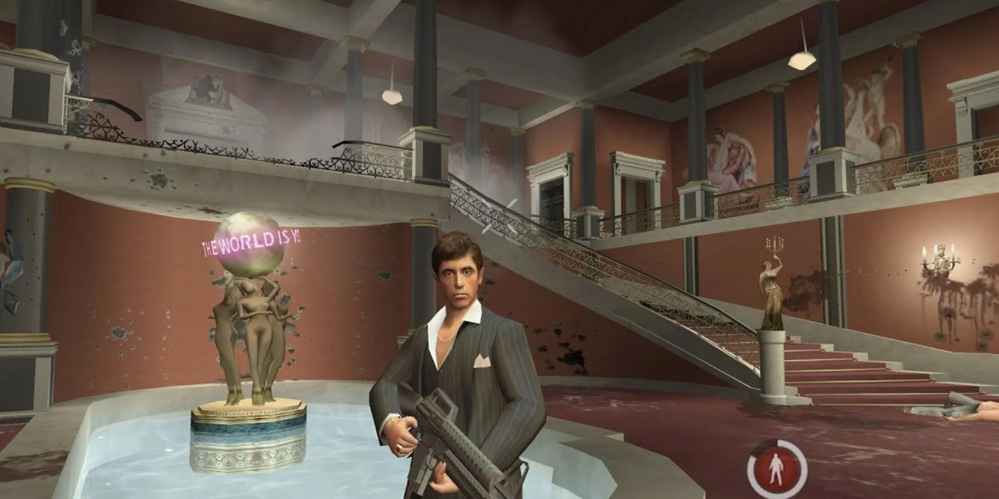 Hình ảnh Tony Montana trong game Scarface: The World is Yours đứng giữa cơ ngơi của mình