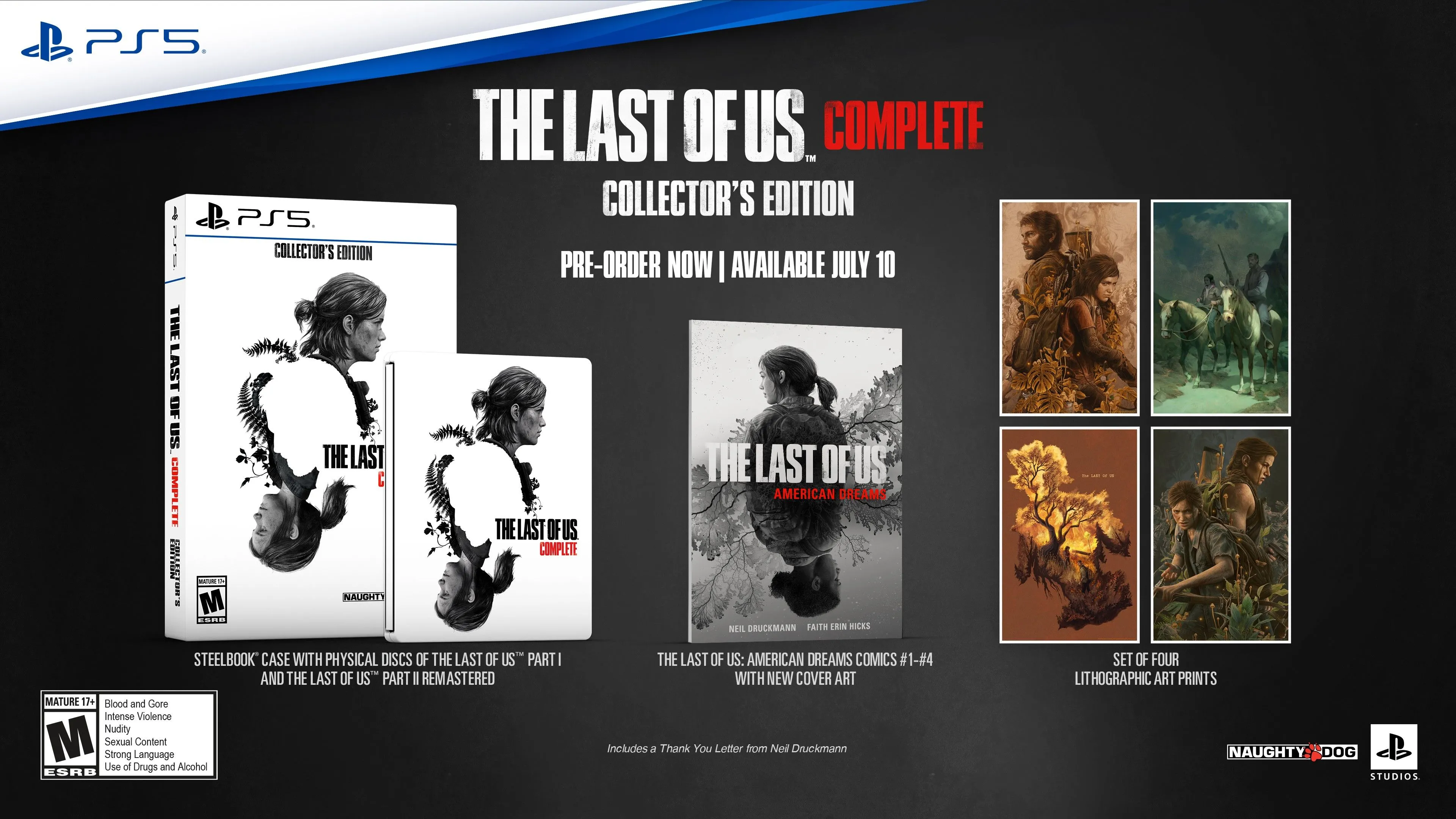 Hình ảnh trọn bộ The Last of Us Complete Collector's Edition với steelbook và các vật phẩm sưu tầm độc đáo từ Naughty Dog và Sony.