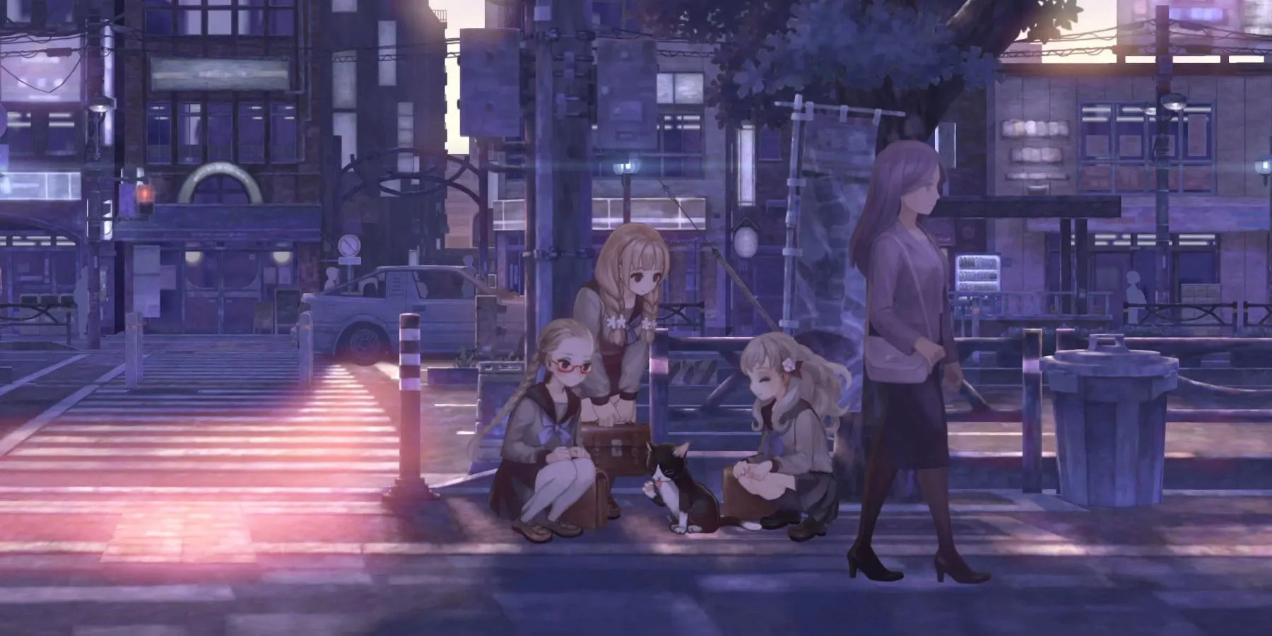 Iori Fuyusaka và một chú mèo trong game 13 Sentinels Aegis Rim với phong cách anime