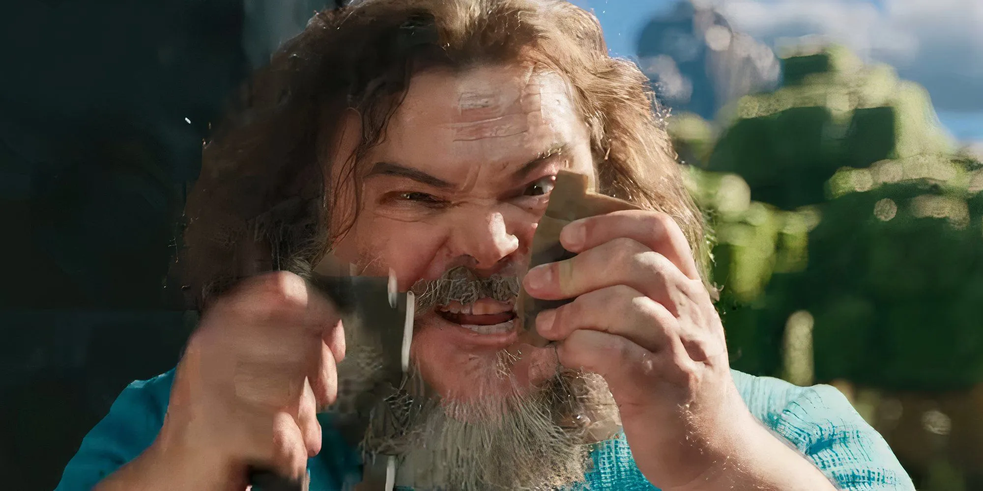 Jack Black trong phim Minecraft với đá lửa và thép