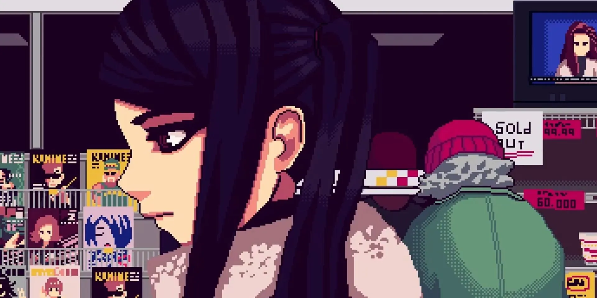 Jill trong một cửa hàng tiện lợi ở game VA-11 Hall-A phong cách cyberpunk