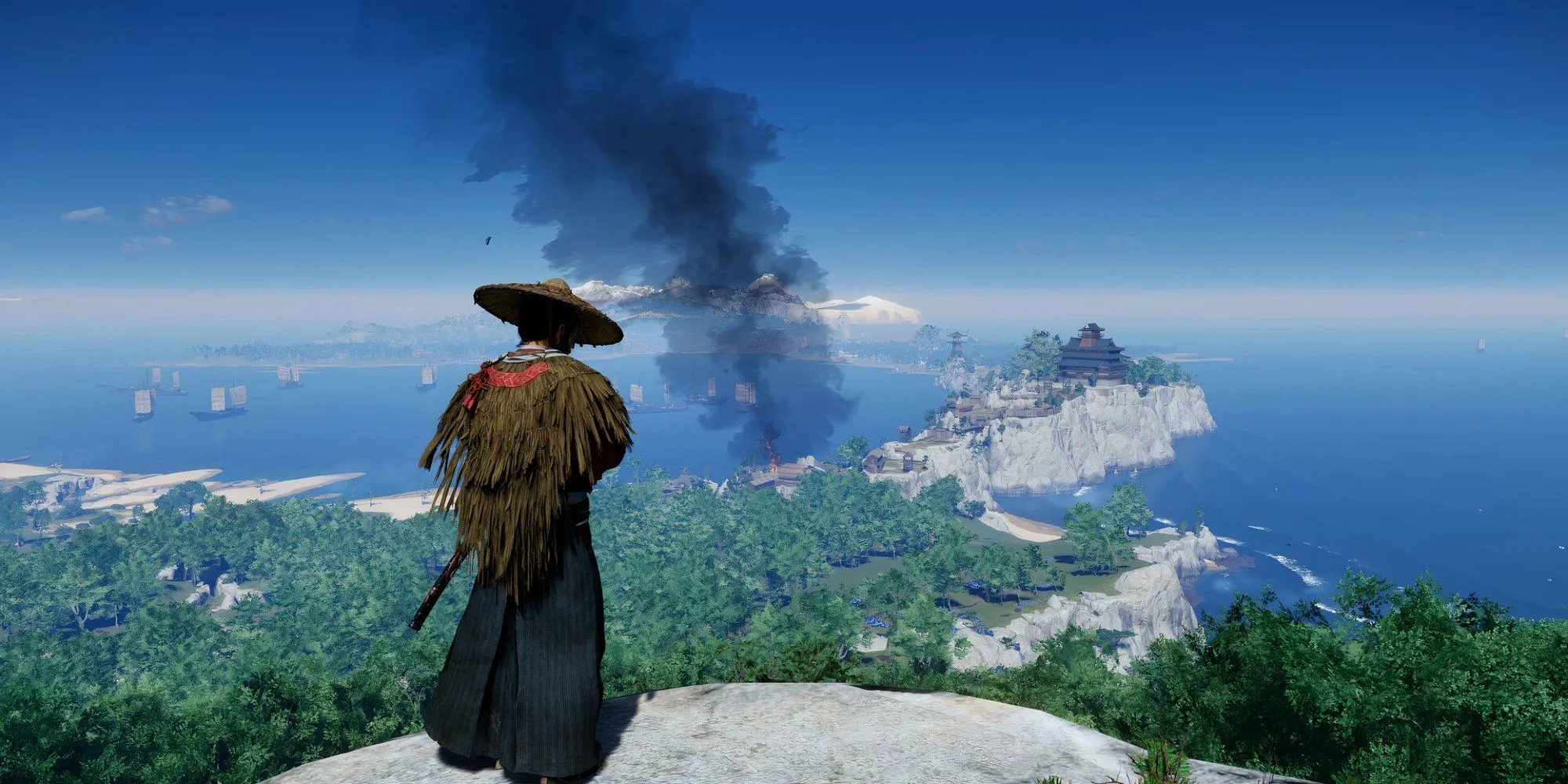Jin Sakai trong Ghost of Tsushima đứng trên một vách đá nhìn từ trên cao xuống cảnh quan tuyệt đẹp