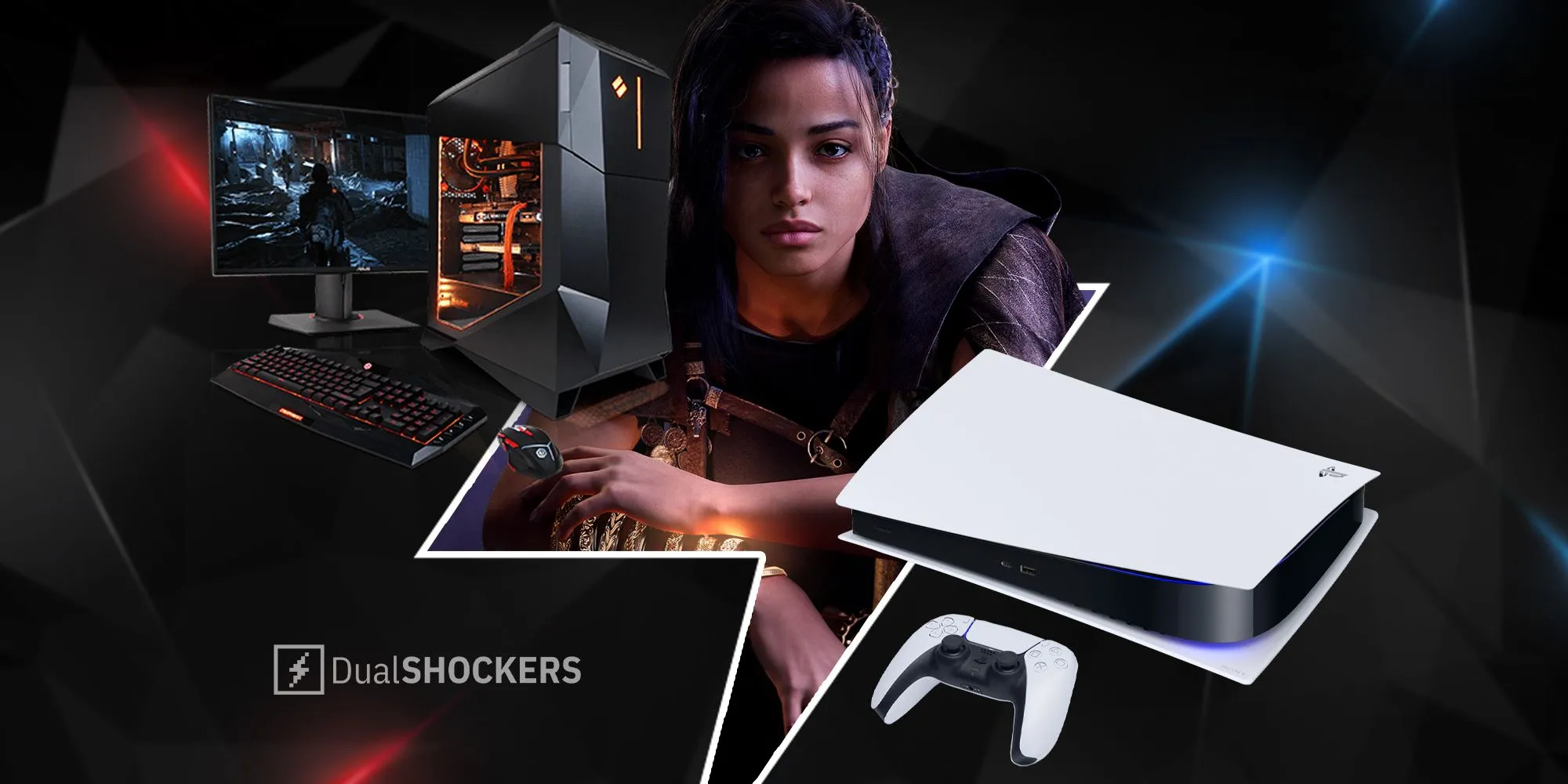 Không gian chơi game PC hiện đại bên cạnh máy PS5 và nhân vật game Forspoken minh họa cho sự đa dạng nền tảng