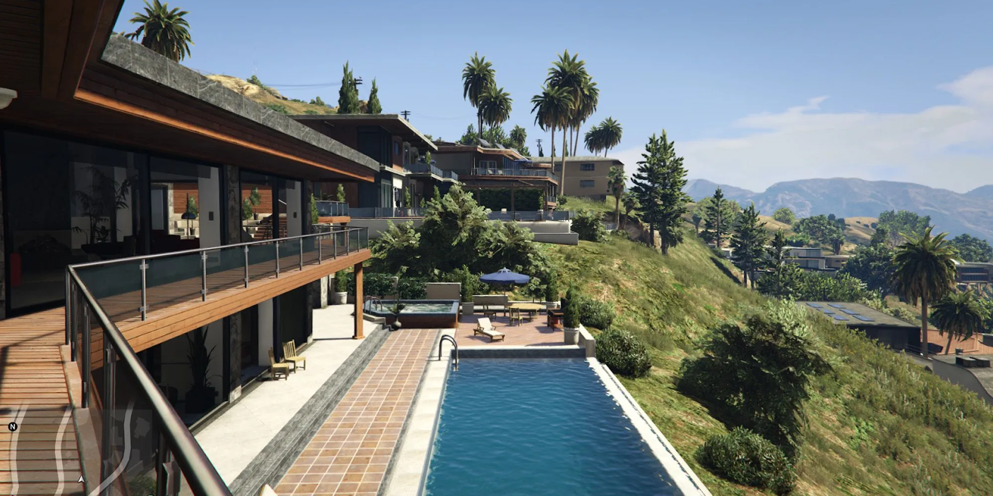 Khu Vinewood trong GTA 5 với những biệt thự sang trọng và biển hiệu Vinewood nổi tiếng