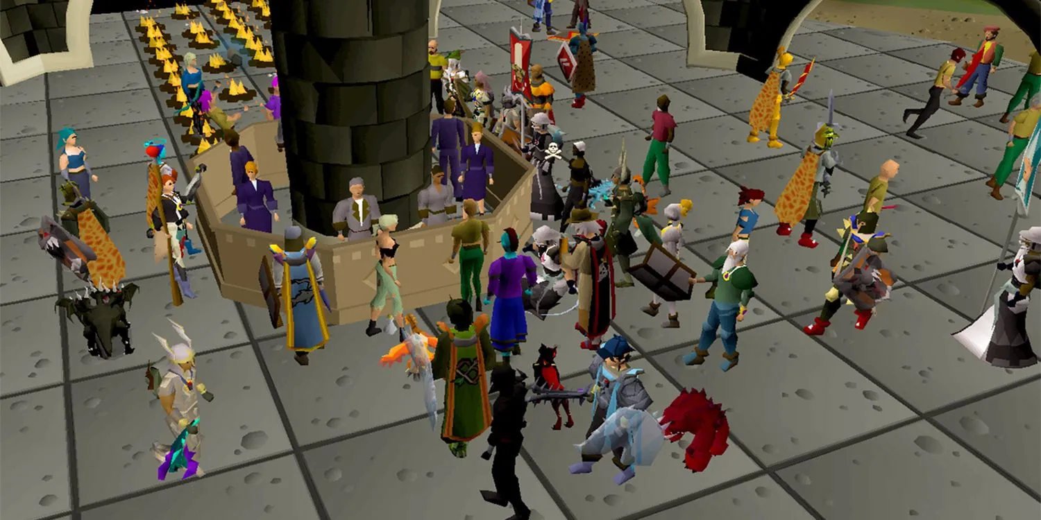 Khu vực đông đúc người chơi trong game Old School RuneScape với nhiều nhân vật và hoạt động