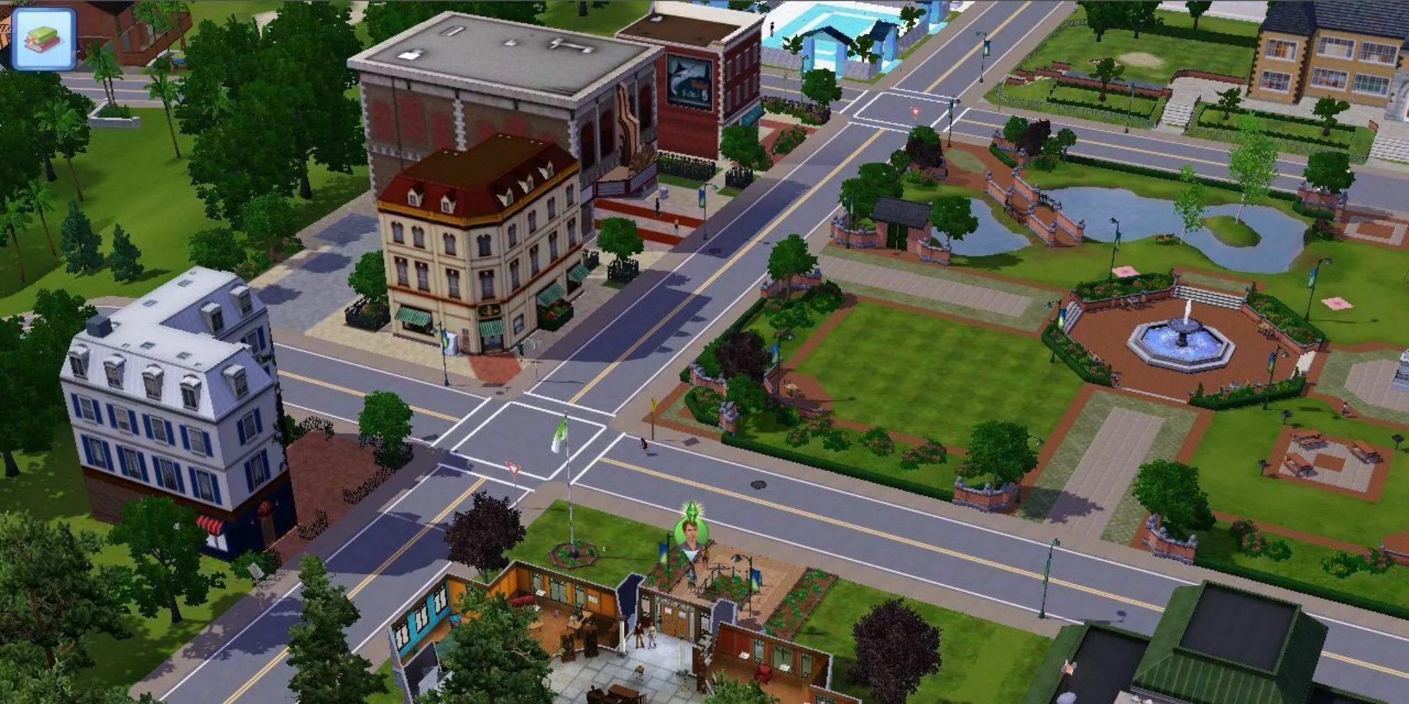 Khung cảnh thị trấn trong The Sims 3 với Sim của người chơi được làm nổi bật ở gần giữa dưới. Có nhiều tòa nhà, công viên, đài phun nước, cây cầu bắc qua ao và nhiều con đường.